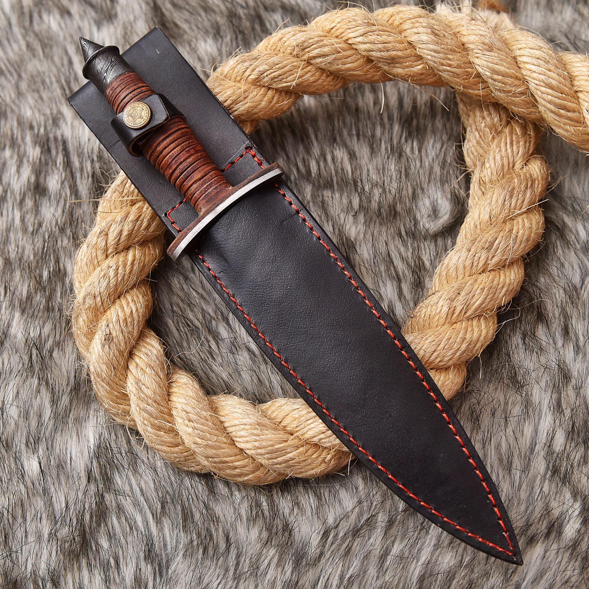 Handmade Damascus Steel Double Edge Blade Dagger Knife Leather Handle - Image 5