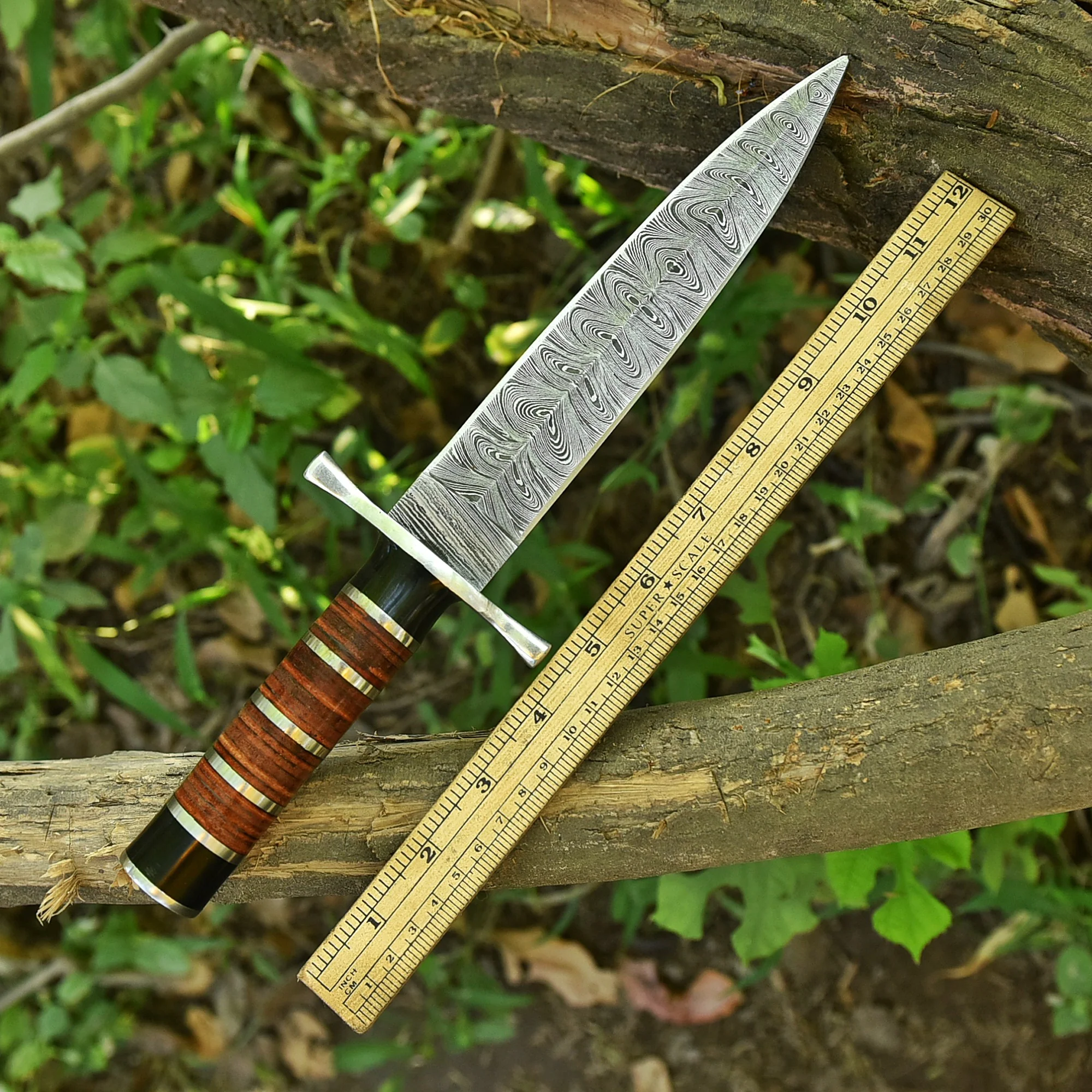 Handmade Damascus Steel Double Edge Blade Dagger Knife Steel Resin Leather Handle - Image 4