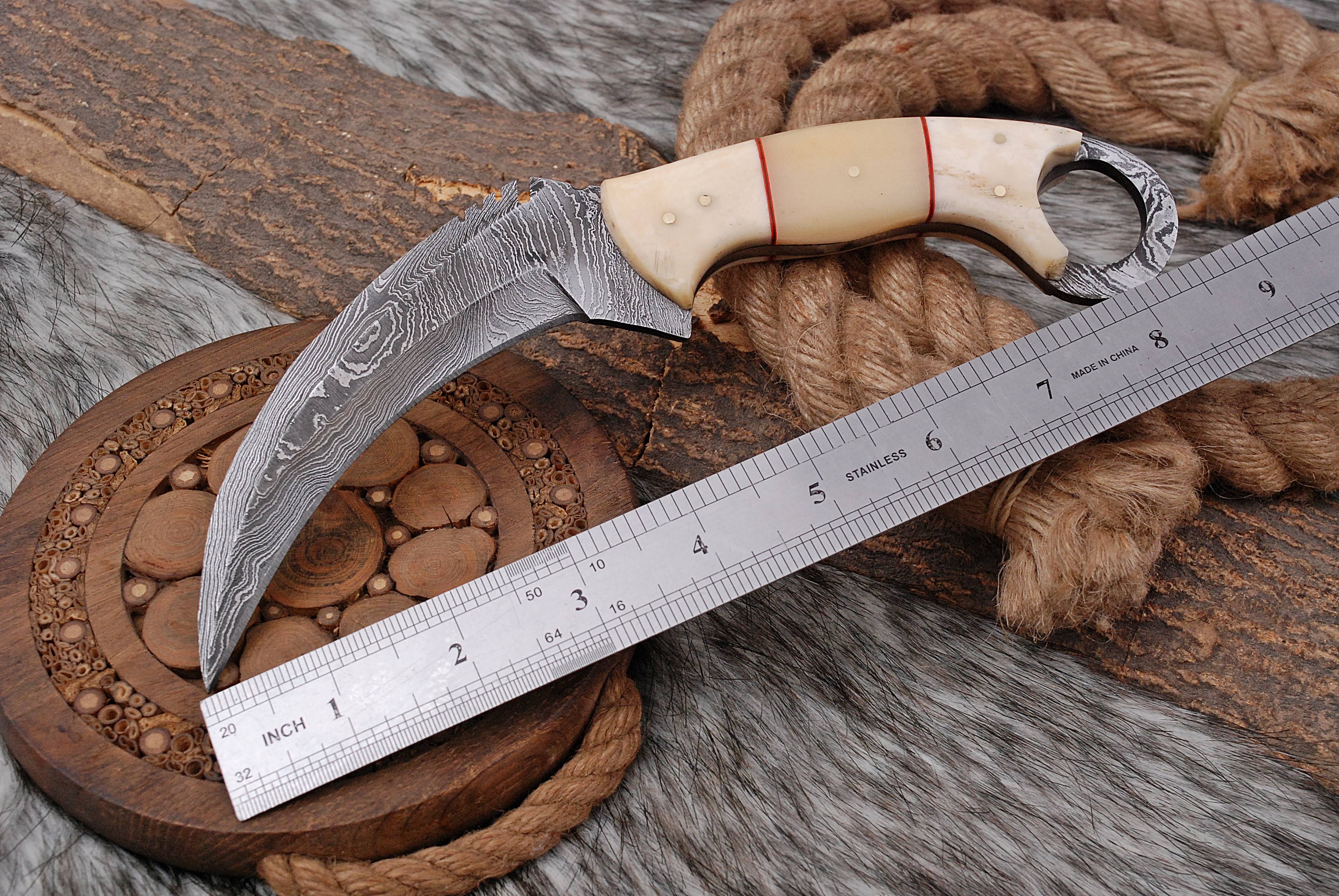 Handmade Damascus Steel Double - Edged Blade Knife Camel Bone Handle x-197 - Image 10