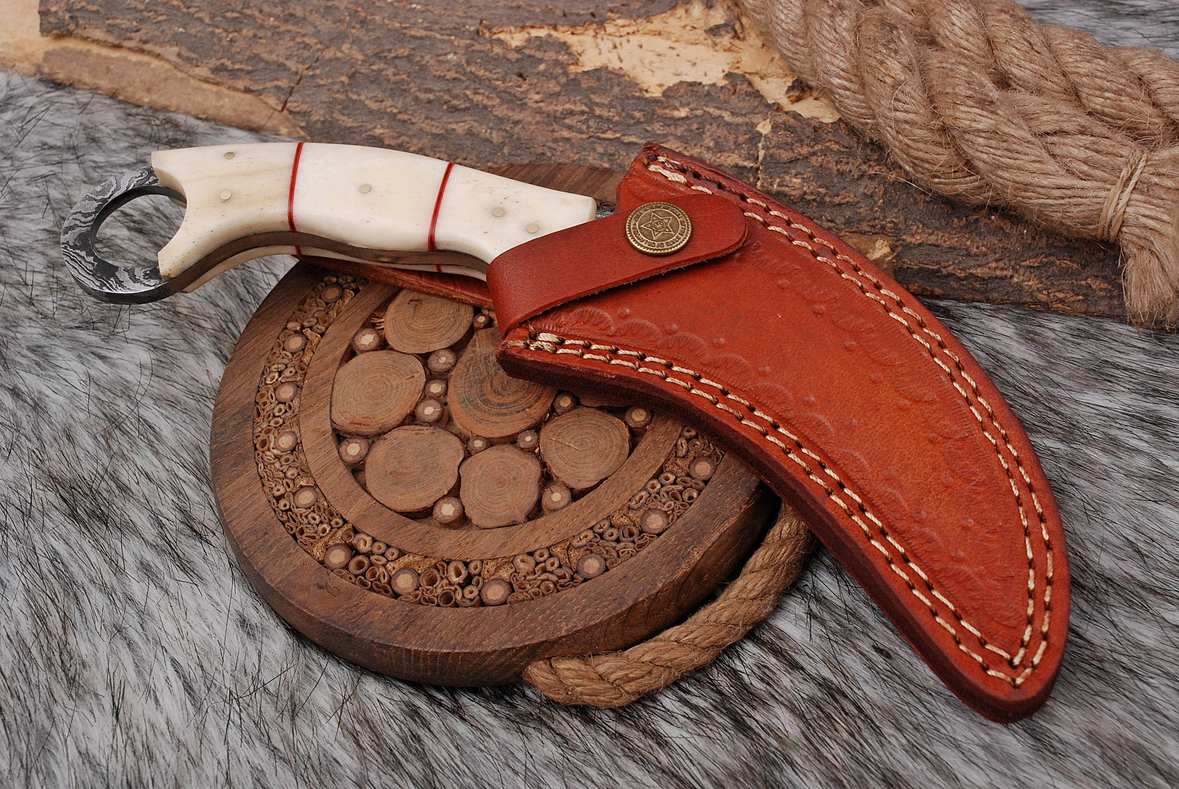 Handmade Damascus Steel Double - Edged Blade Knife Camel Bone Handle x-197 - Image 11