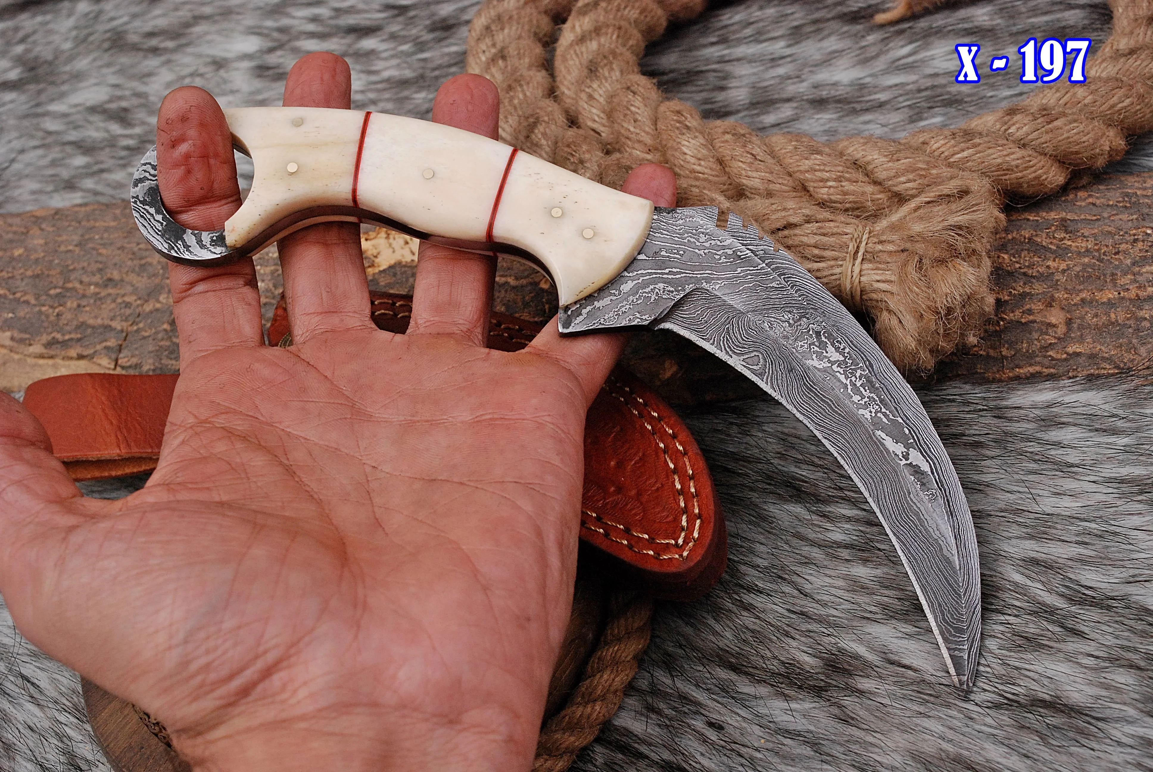 Handmade Damascus Steel Double - Edged Blade Knife Camel Bone Handle x-197 - Image 2