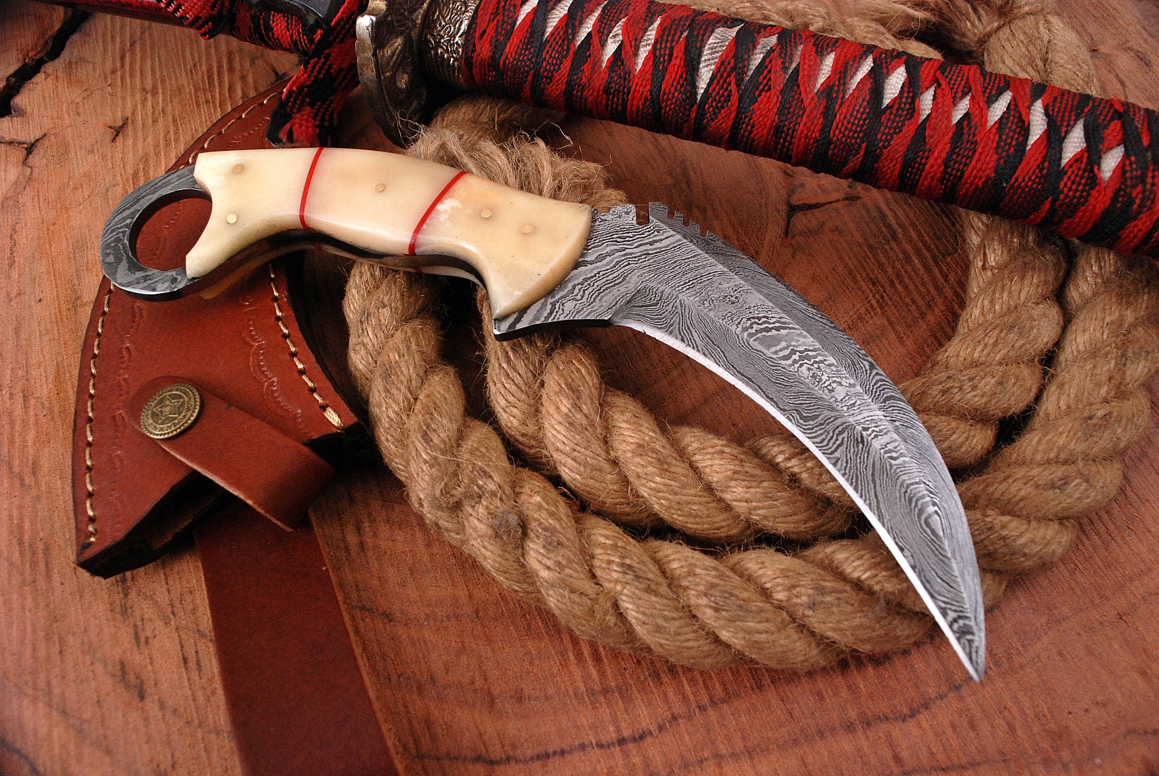 Handmade Damascus Steel Double - Edged Blade Knife Camel Bone Handle x-197 - Image 4