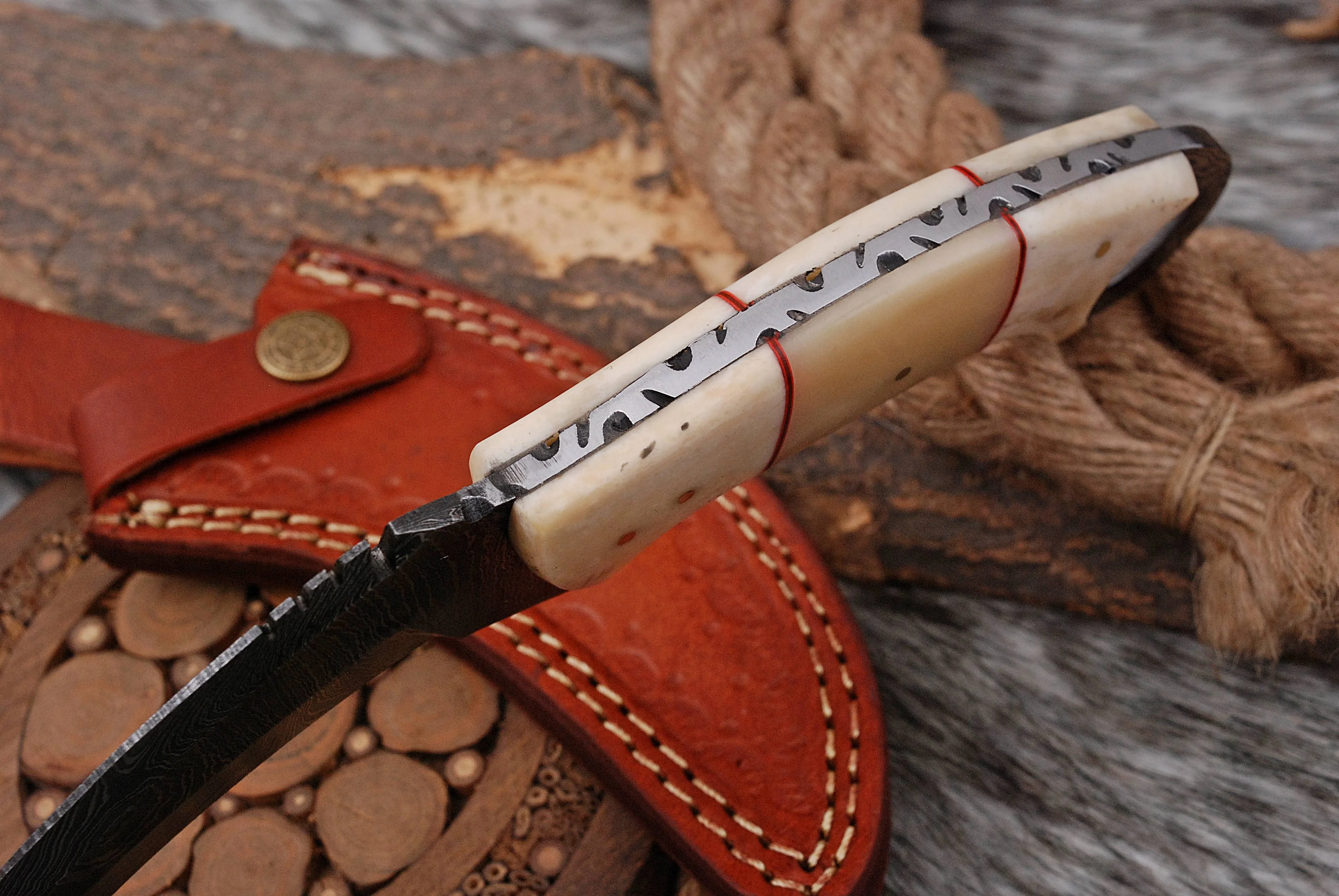 Handmade Damascus Steel Double - Edged Blade Knife Camel Bone Handle x-197 - Image 9