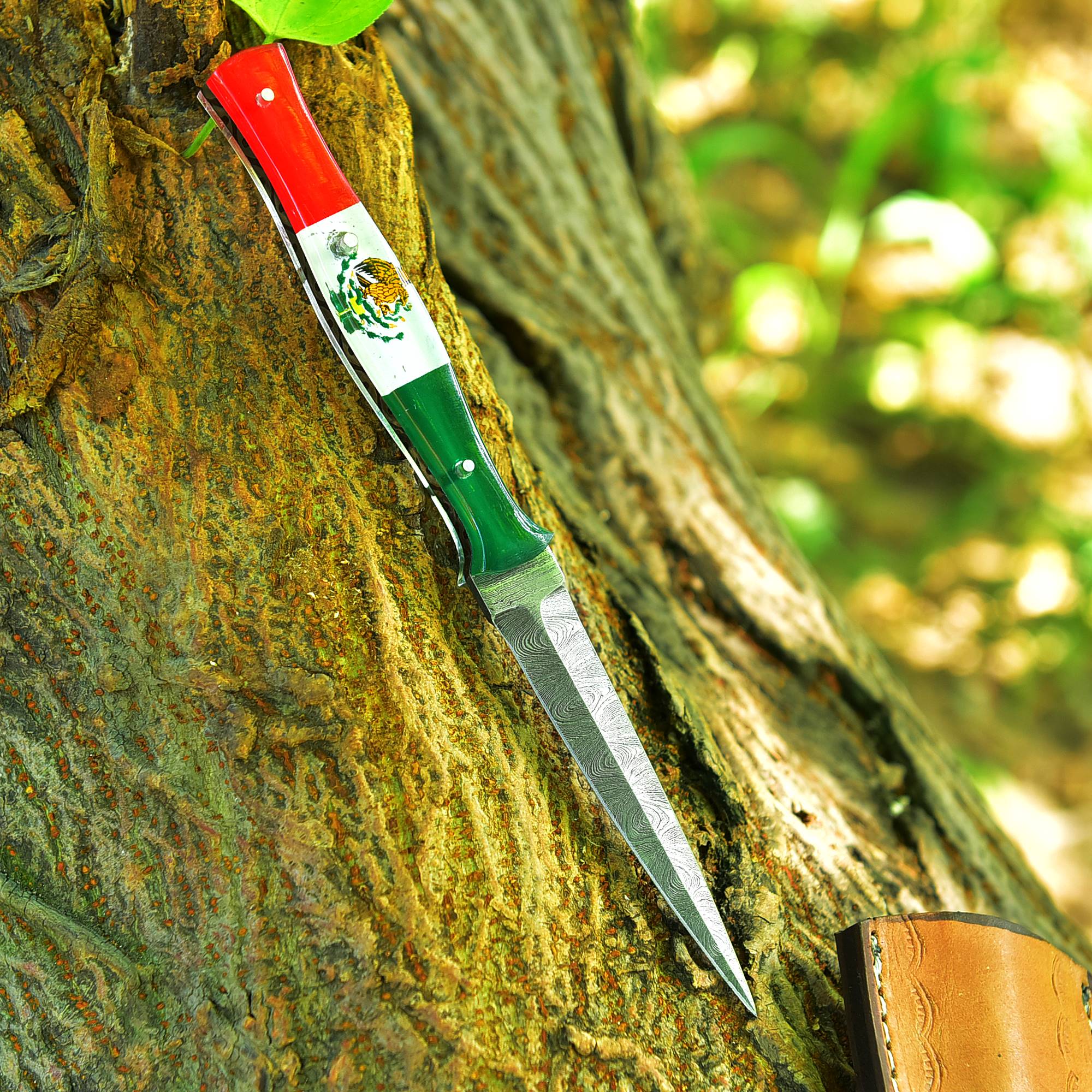 Handmade Damascus Steel Double Edged Blade Knife with Mexican Flag Handle Boot Knives - Image 6