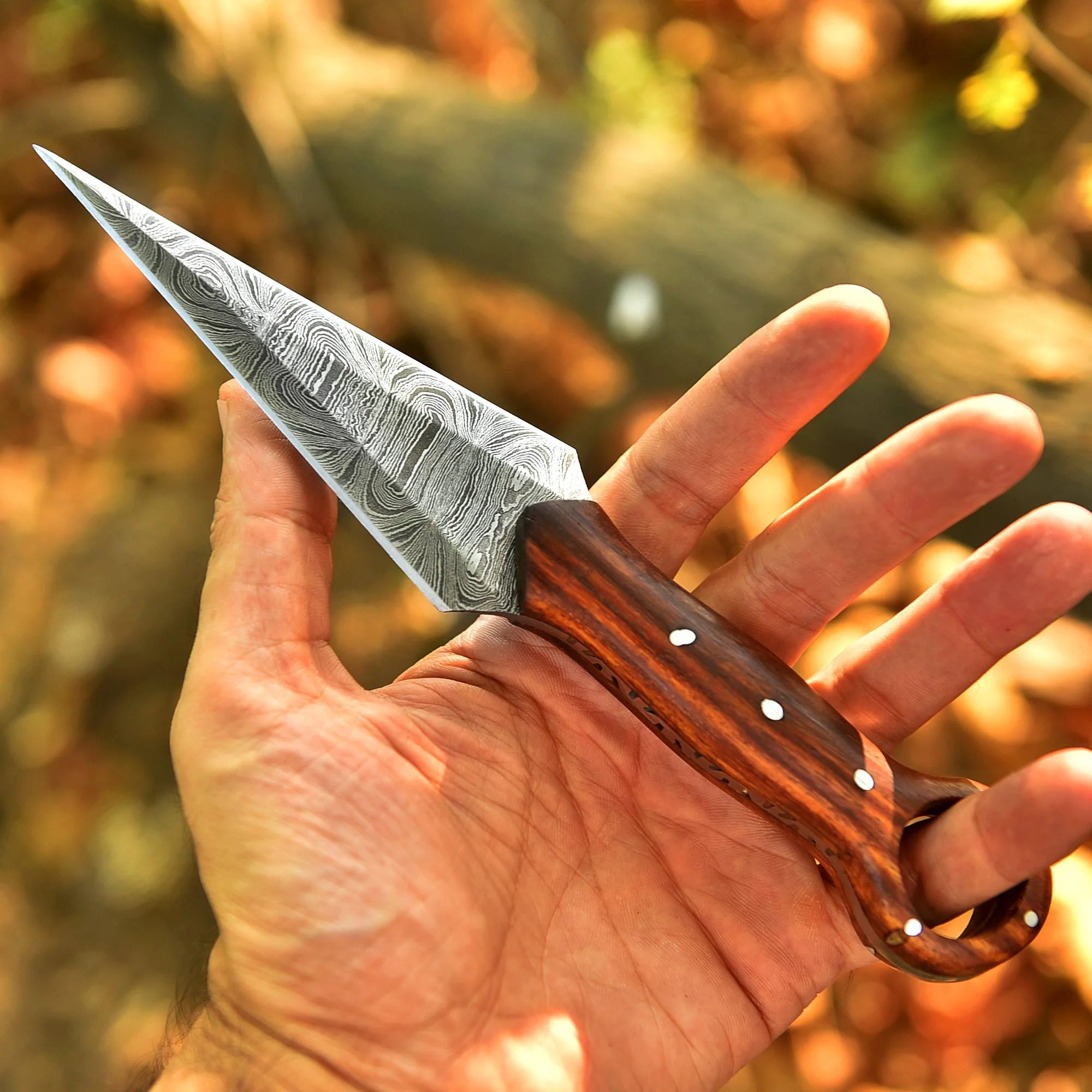 Handmade Damascus Steel Double Full Tang Dagger Knife Wood Ring Hole Handle - Image 3