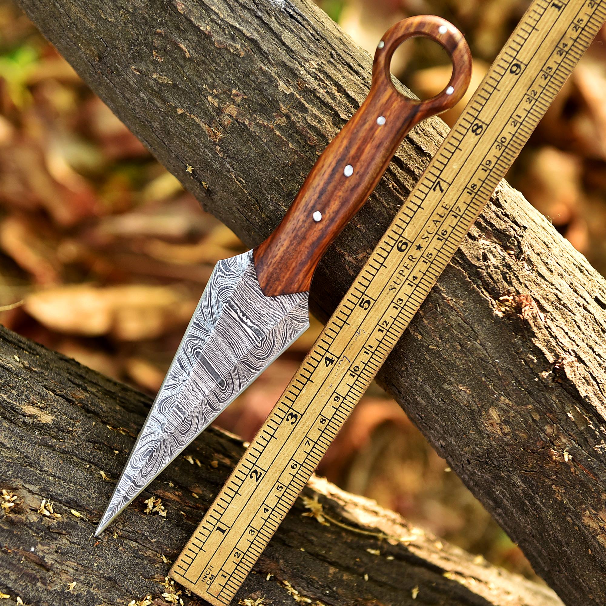 Handmade Damascus Steel Double Full Tang Dagger Knife Wood Ring Hole Handle - Image 4
