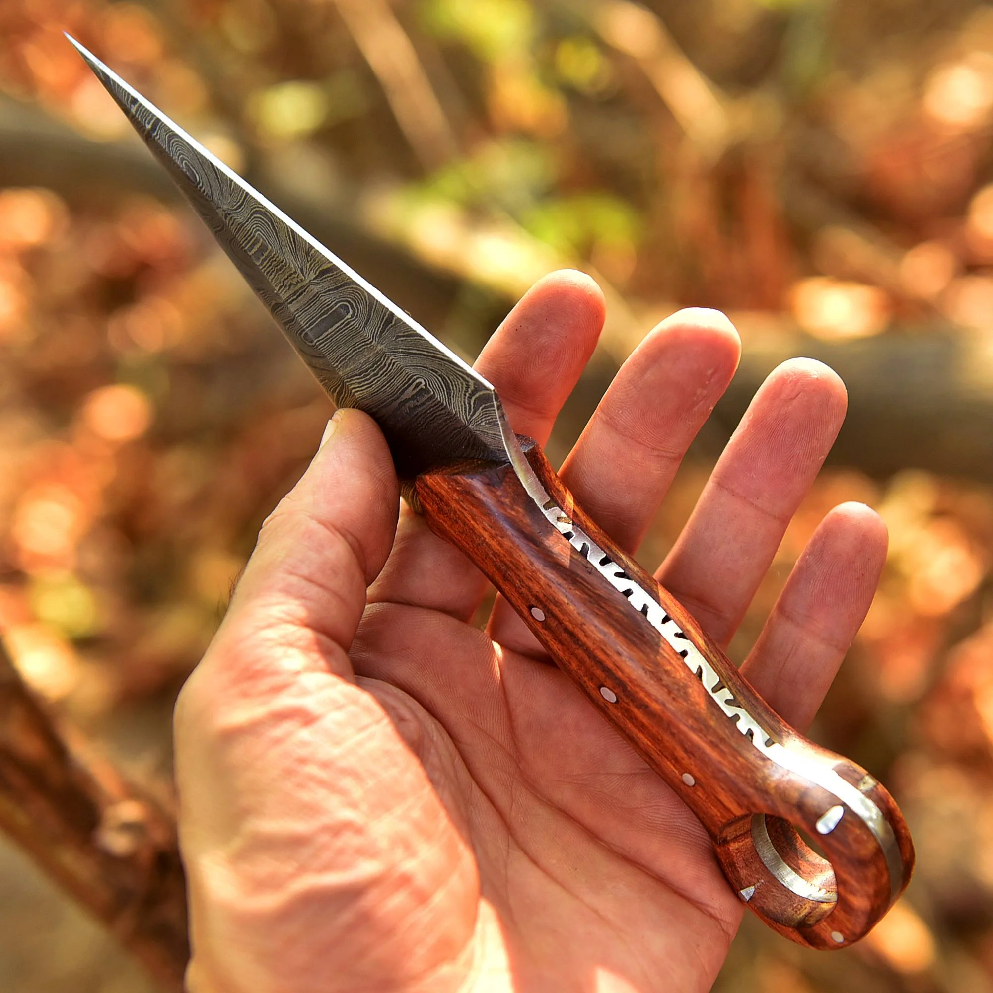 Handmade Damascus Steel Double Full Tang Dagger Knife Wood Ring Hole Handle - Image 5