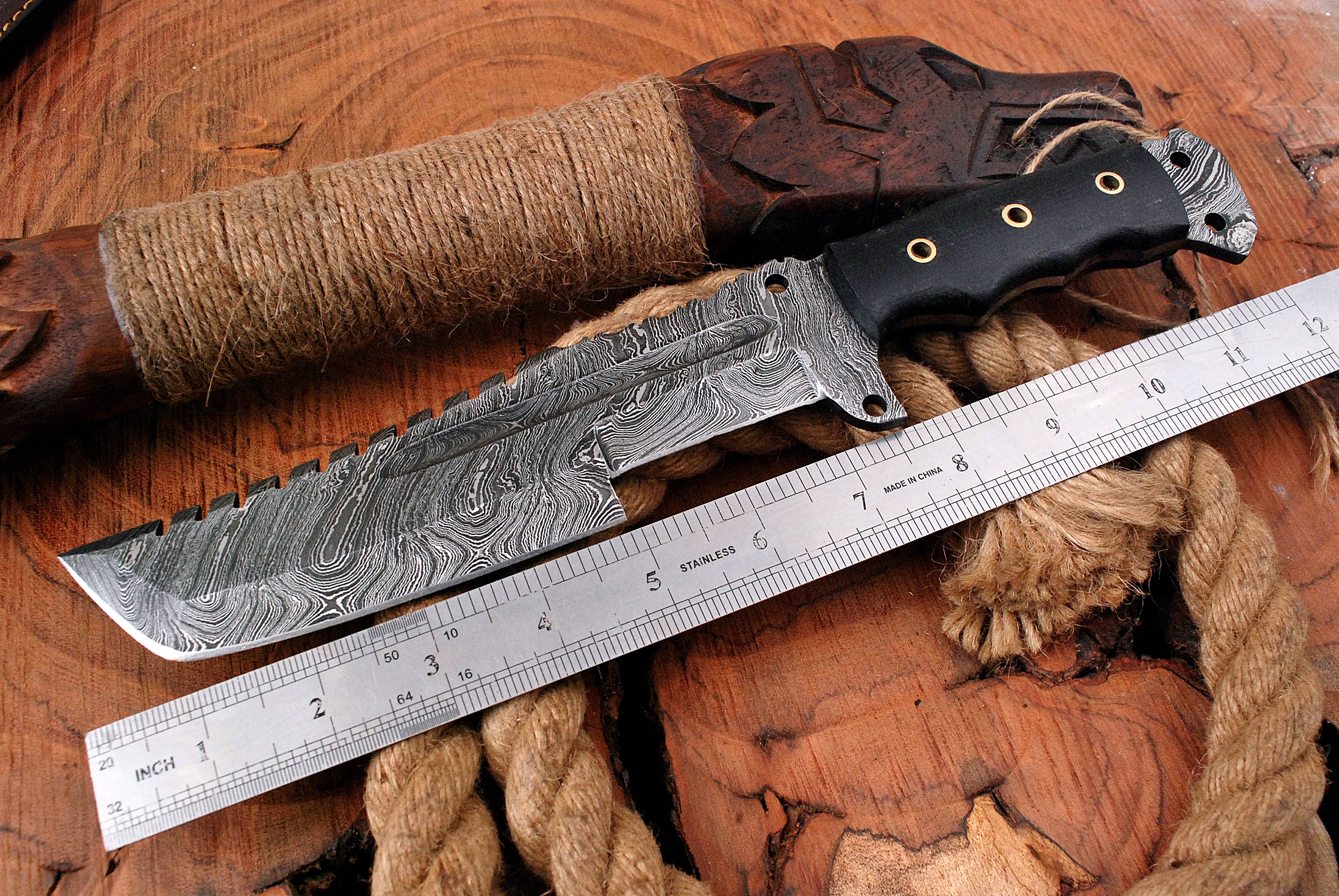 12" Handmade Damascus Steel Fixed Blade Utility Knife with Bull Horn Handle - Image 4
