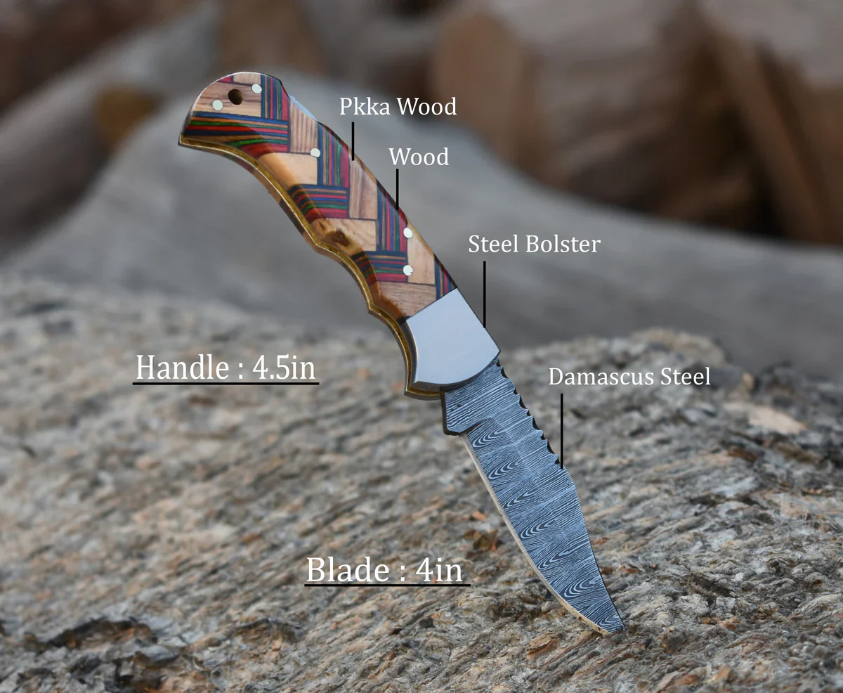 Handmade damascus Steel folding Blade Knife Bearded Wood Handle - Back Lock - Image 2