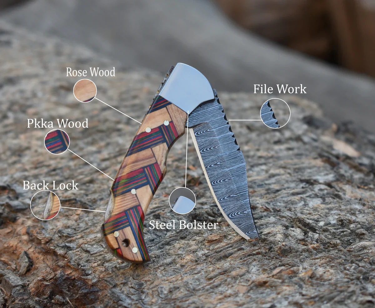 Handmade damascus Steel folding Blade Knife Bearded Wood Handle - Back Lock - Image 3