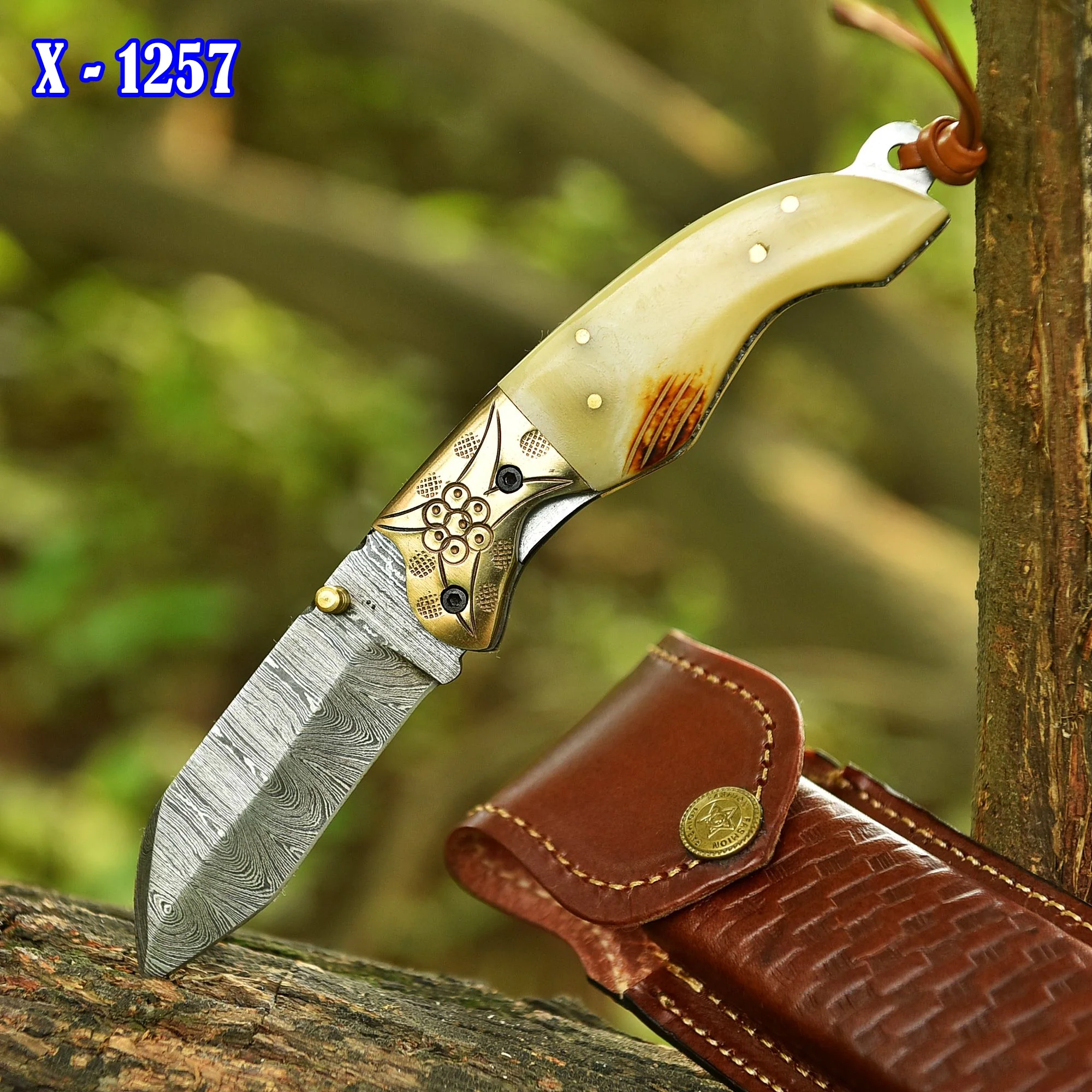 Handmade Damascus Steel Folding Blade Pocket Camping Knife Camel Bone Handle - Image 2