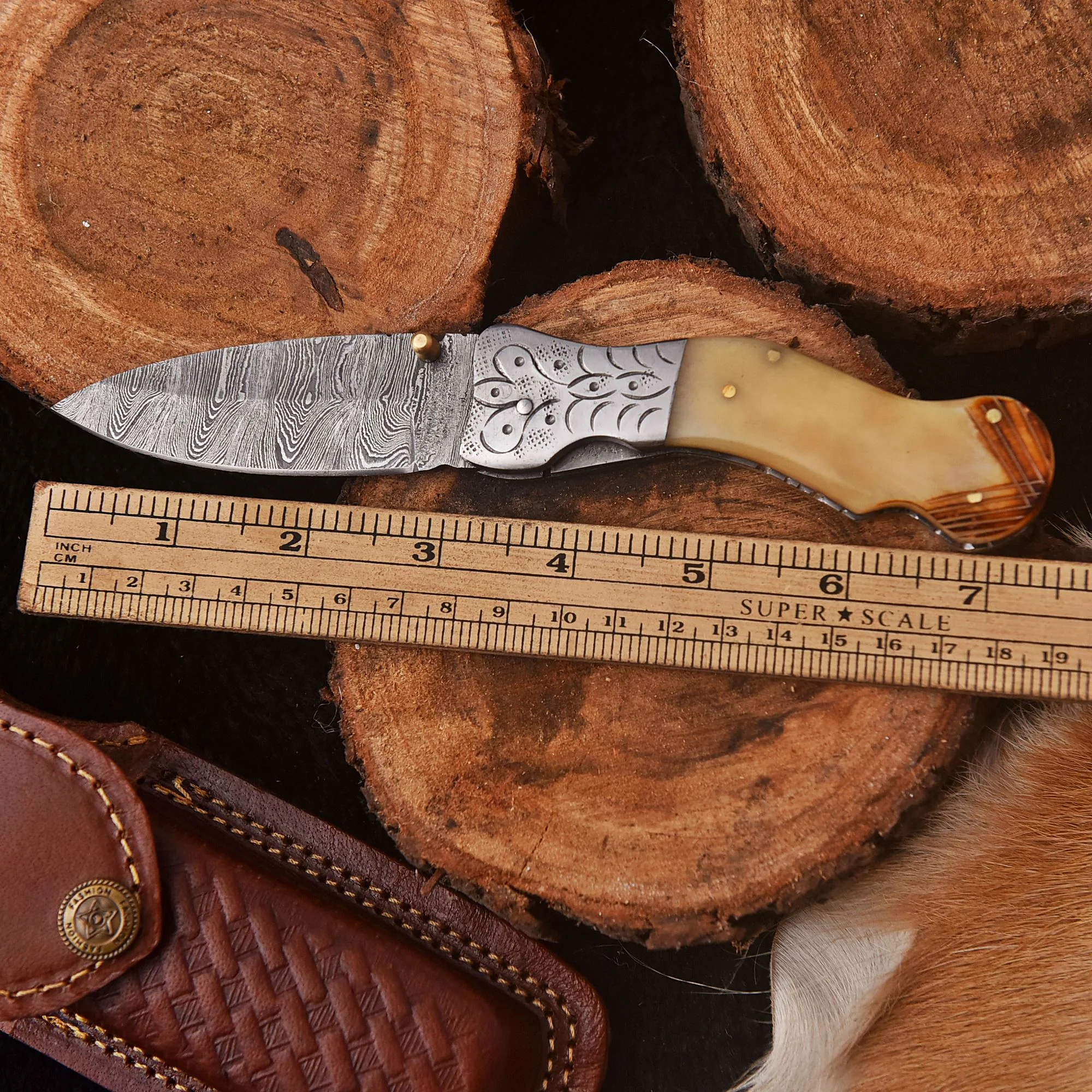Handmade Damascus Steel Folding Blade Pocket Camping Knife Camel Handle - Image 4