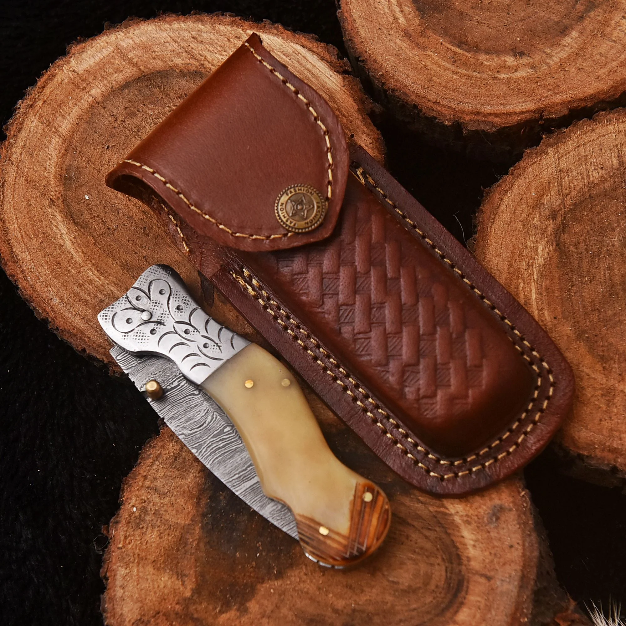 Handmade Damascus Steel Folding Blade Pocket Camping Knife Camel Handle - Image 5