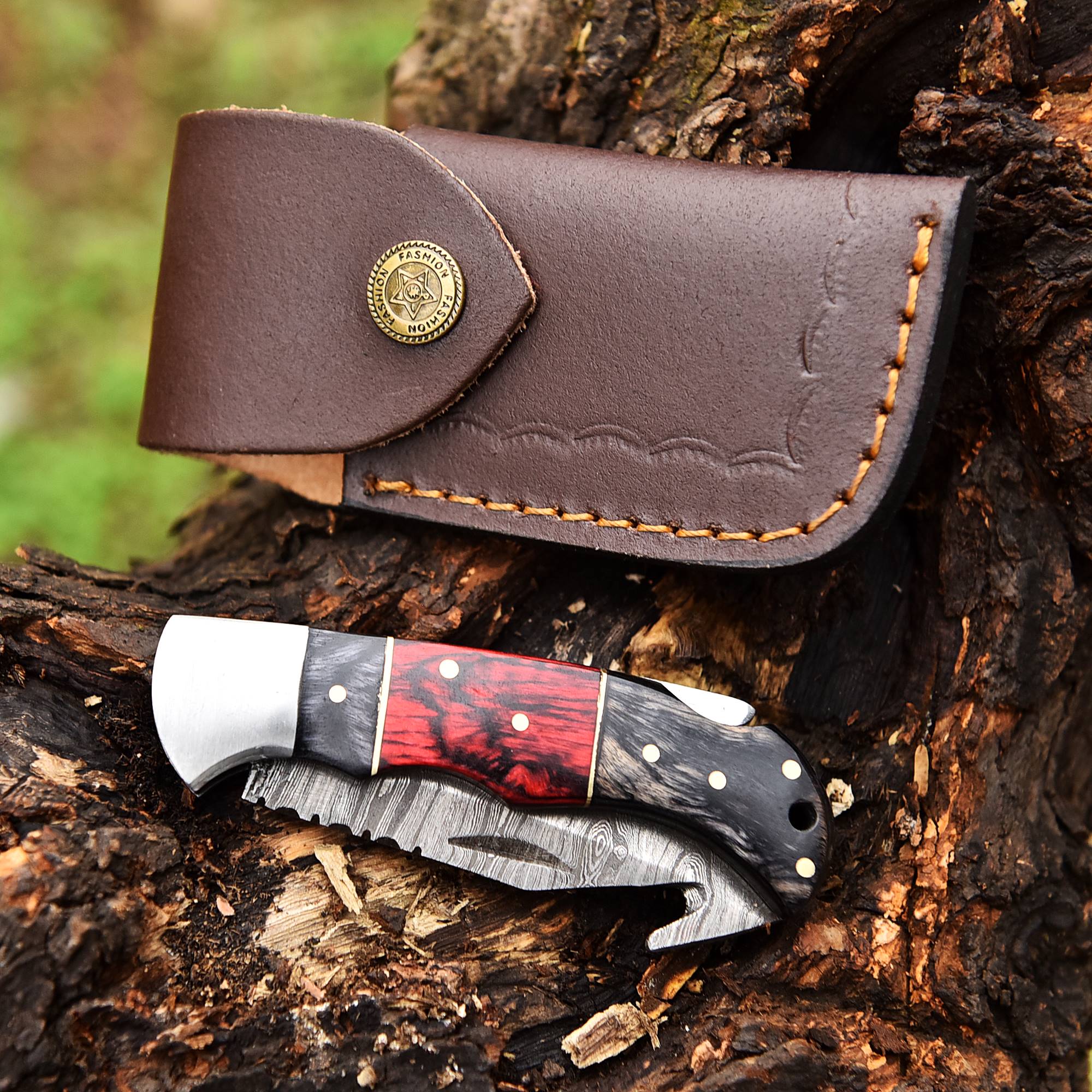 Handmade Damascus Steel Folding Blade Pocket Camping Knife With Sheath - Image 5