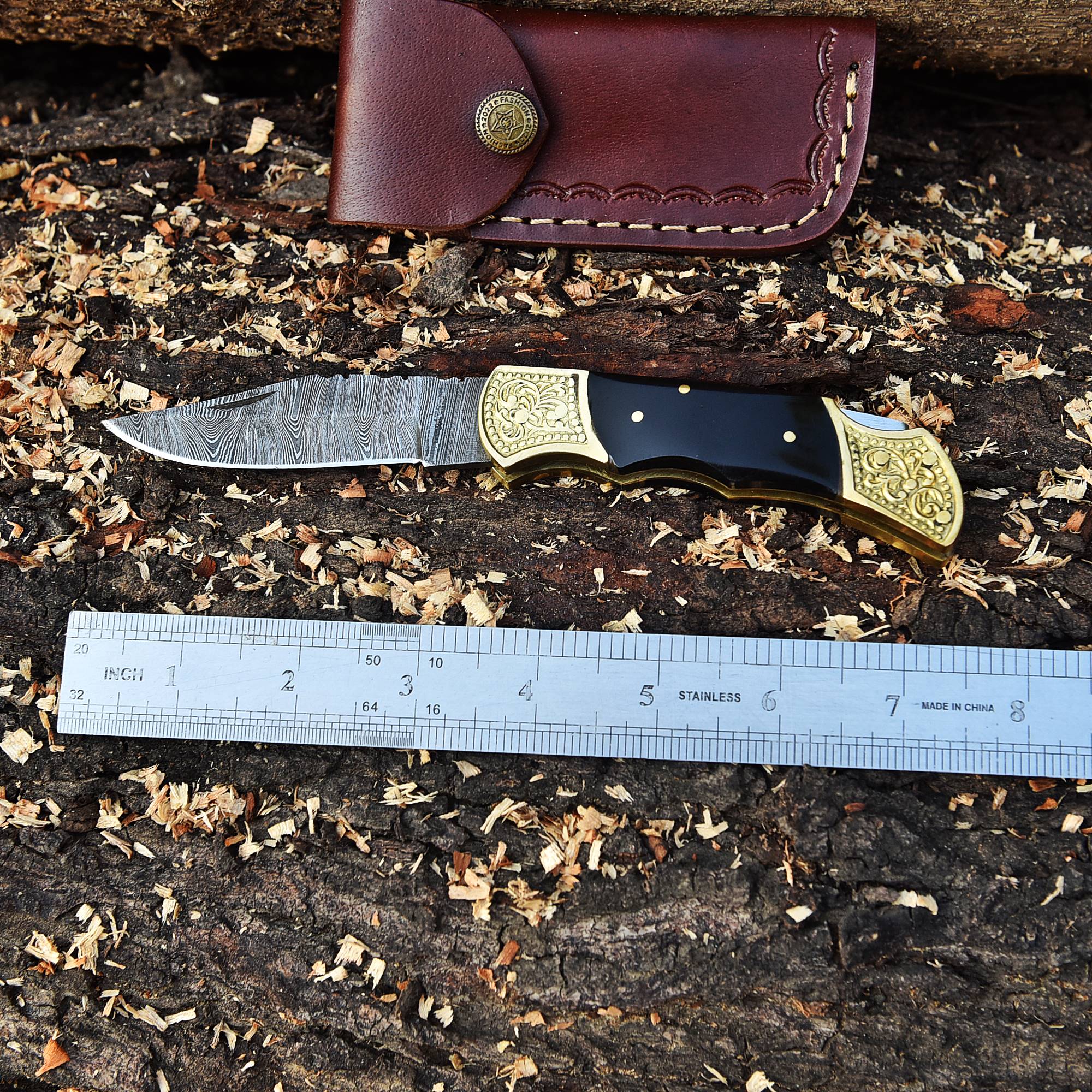 Handmade Damascus Steel Folding Blade Pocket Knife-Bull Horn Handle - Image 4