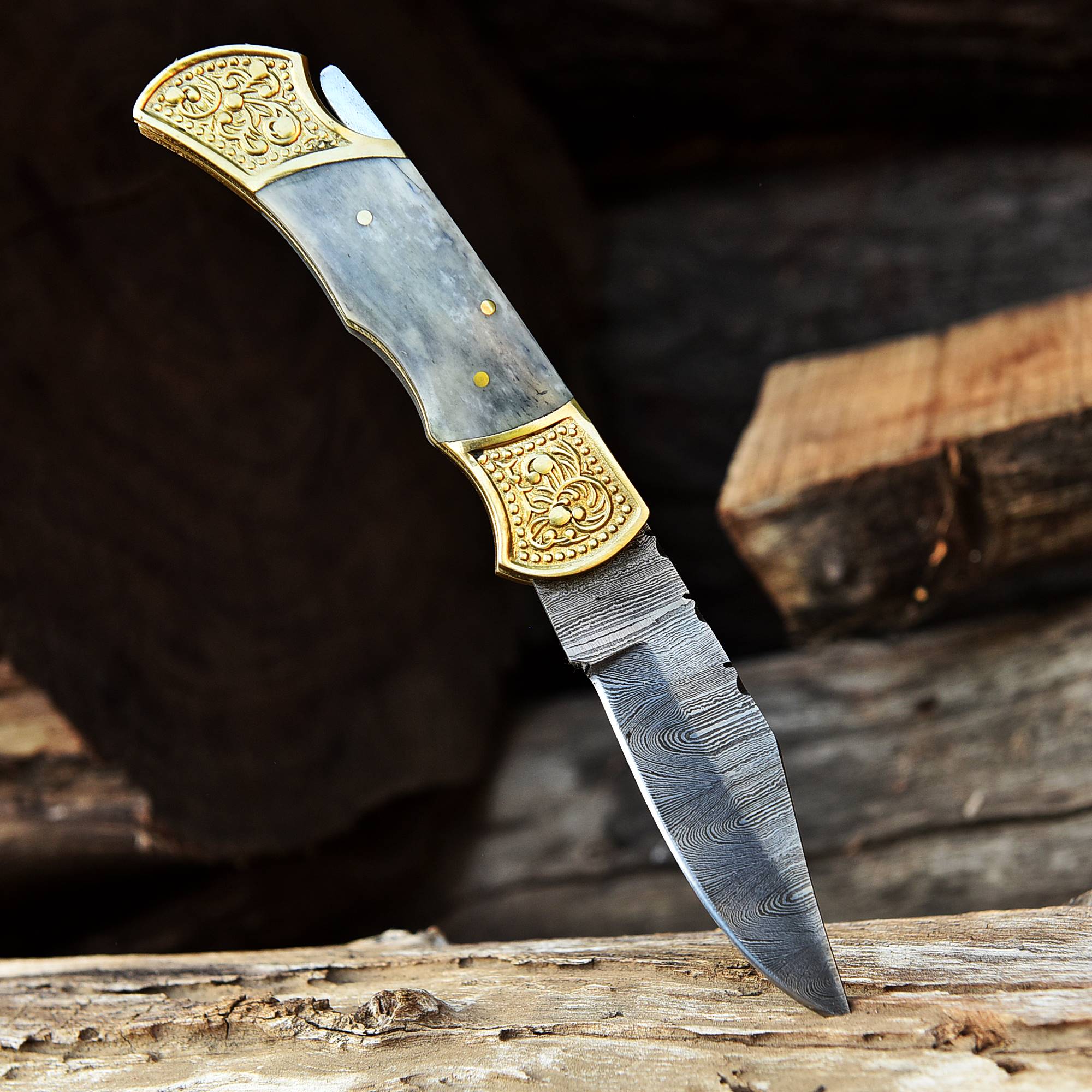 Handmade Damascus Steel Folding Blade Pocket Knife-Gray Bone Handle - Image 3