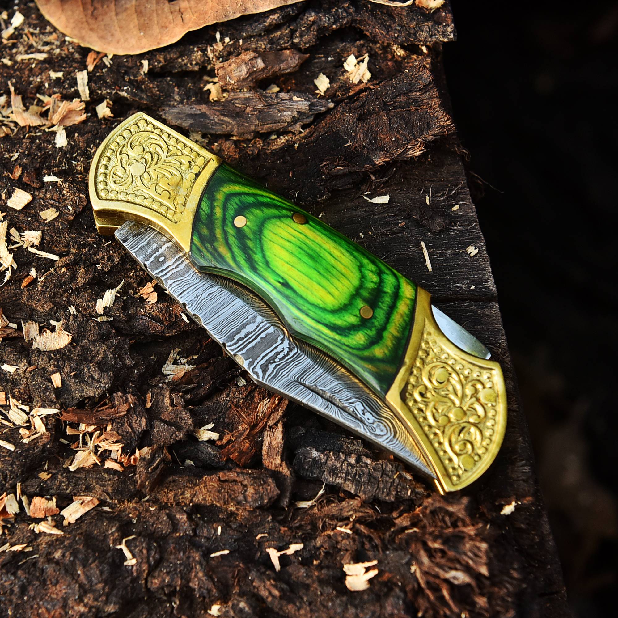Handmade Damascus Steel Folding Blade Pocket Knife-Green PakkaWood Handle - Image 4