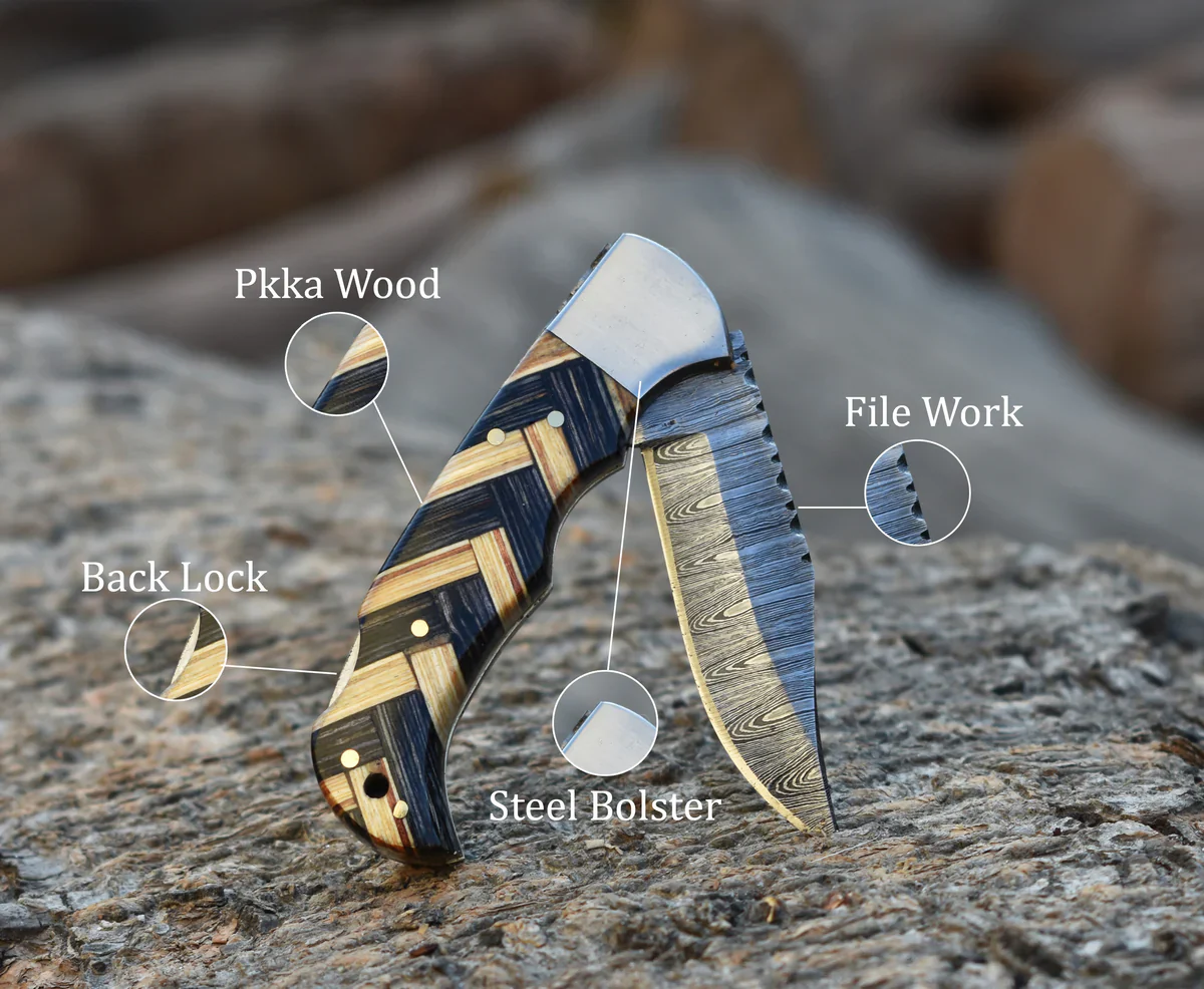 Handmade Damascus Steel Folding Blade Pocket knife - Pakka Wood ash Wood Handle - Image 2