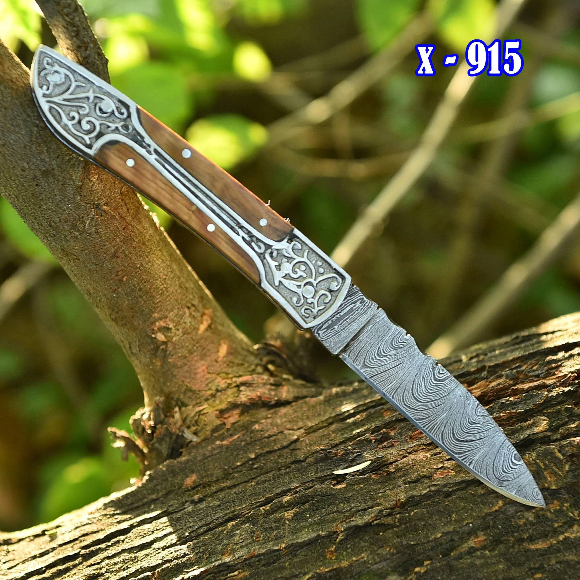 Handmade Damascus Steel Folding Blade Pocket Knife Wood Steel Bolster Handle - Image 2