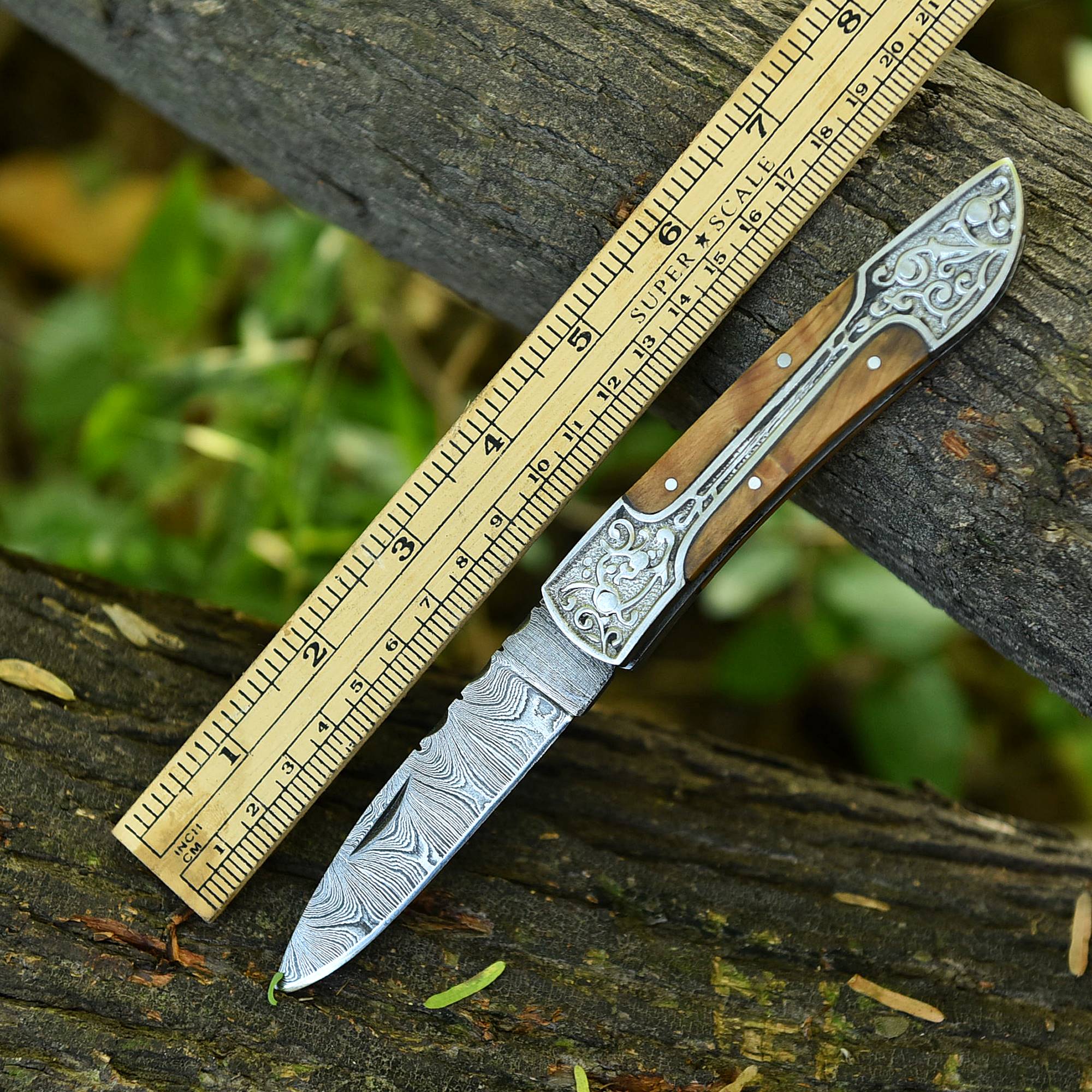 Handmade Damascus Steel Folding Blade Pocket Knife Wood Steel Bolster Handle - Image 4