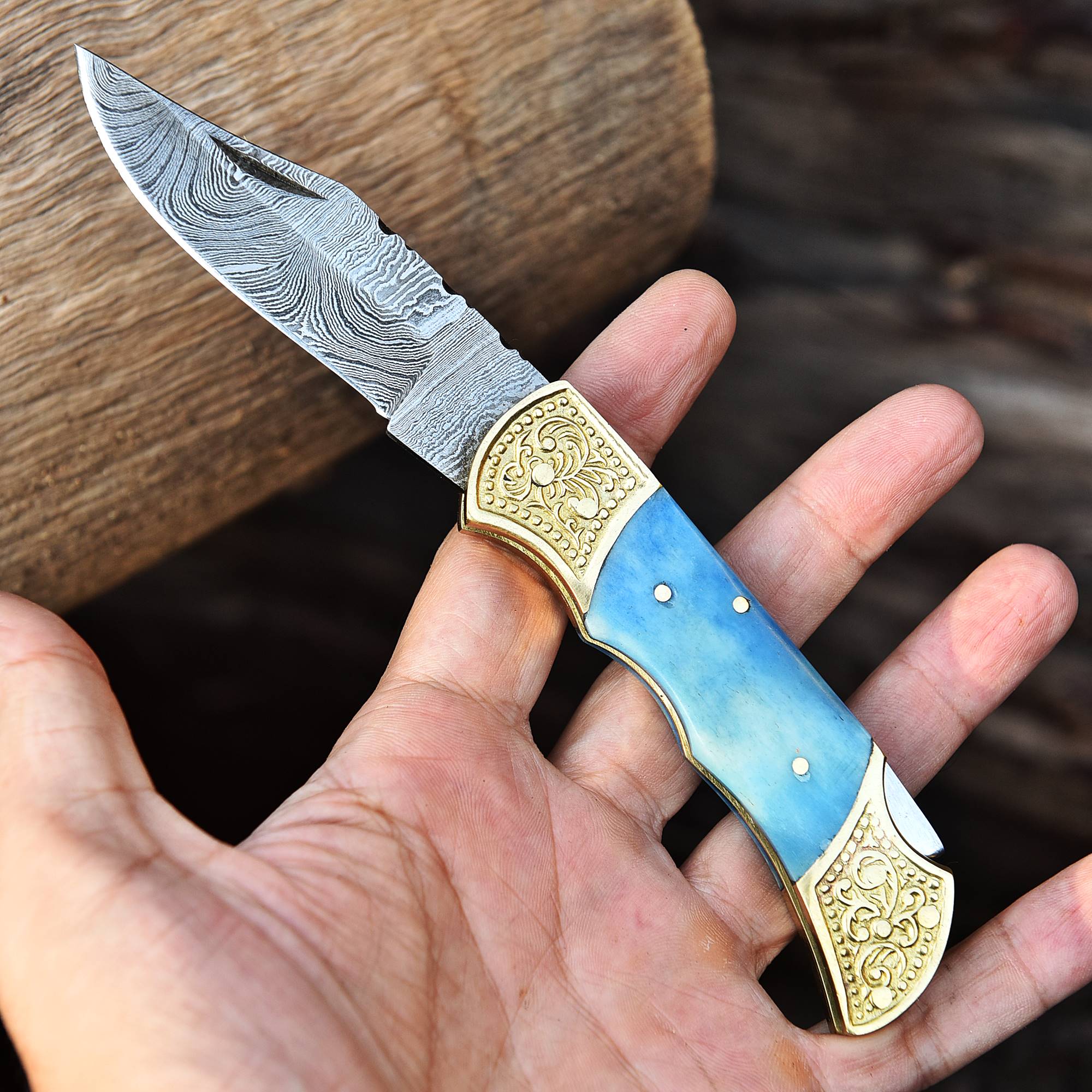 Handmade Damascus Steel Folding Pocket Knife Camel Bone Handle With Sheath