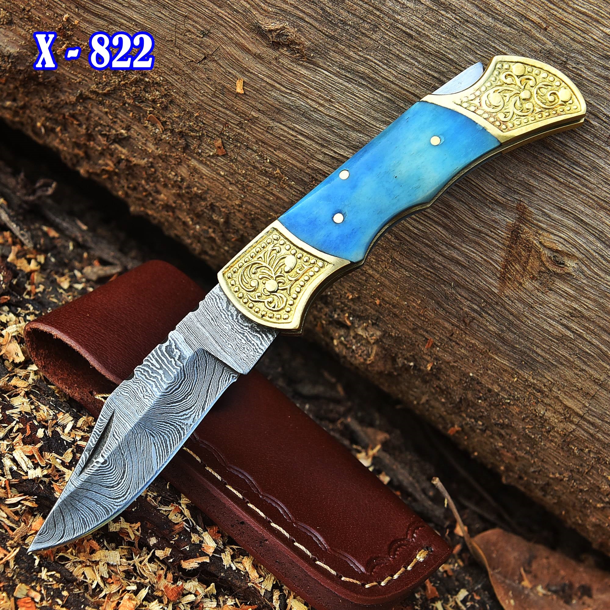 Handmade Damascus Steel Folding Pocket Knife Camel Bone Handle With Sheath - Image 2