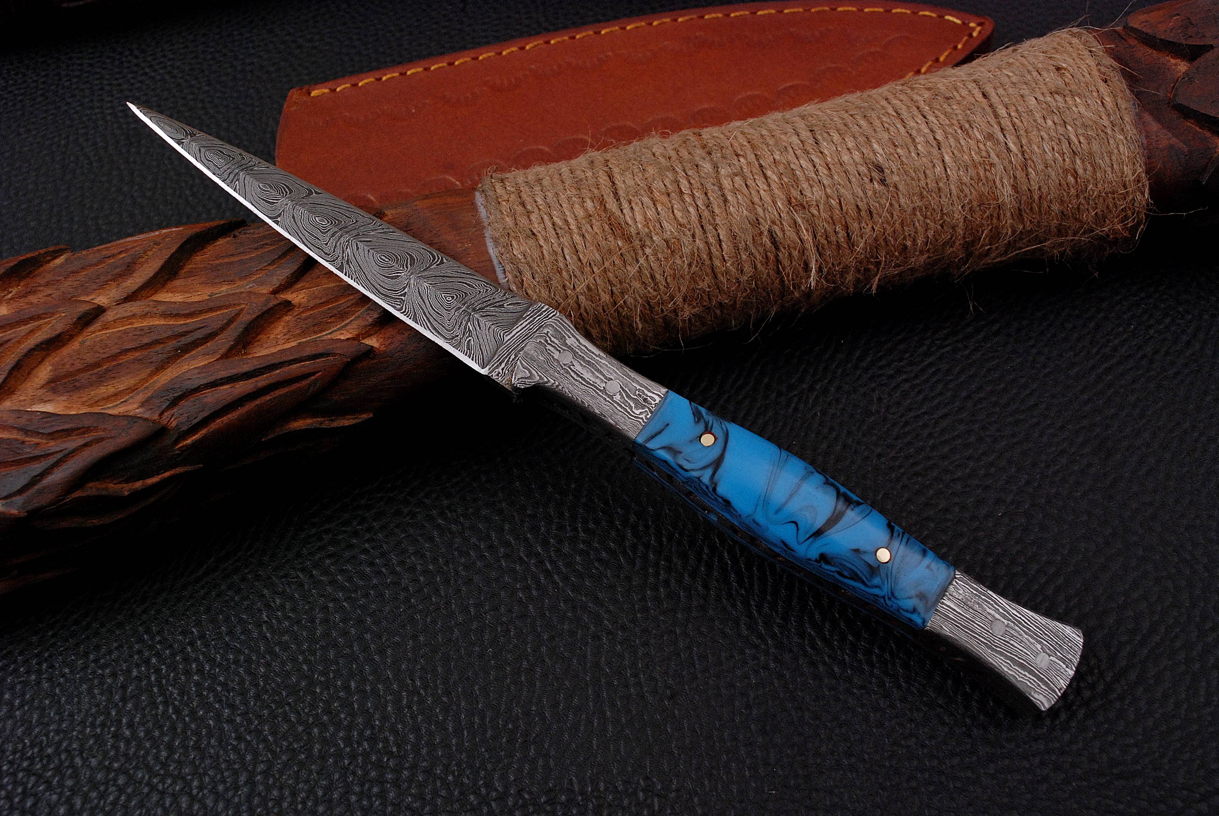 Handmade Damascus Steel Full Tang Knife with Sheath Resin Handle - Image 10