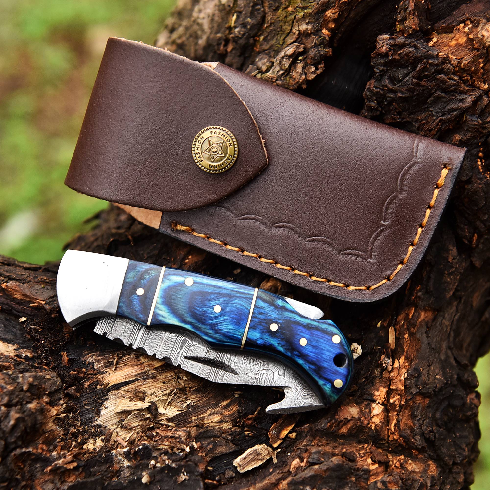 Handmade Damascus Steel Gut Hook Blade Back Lock Folding Knife Wood Handle - Image 5