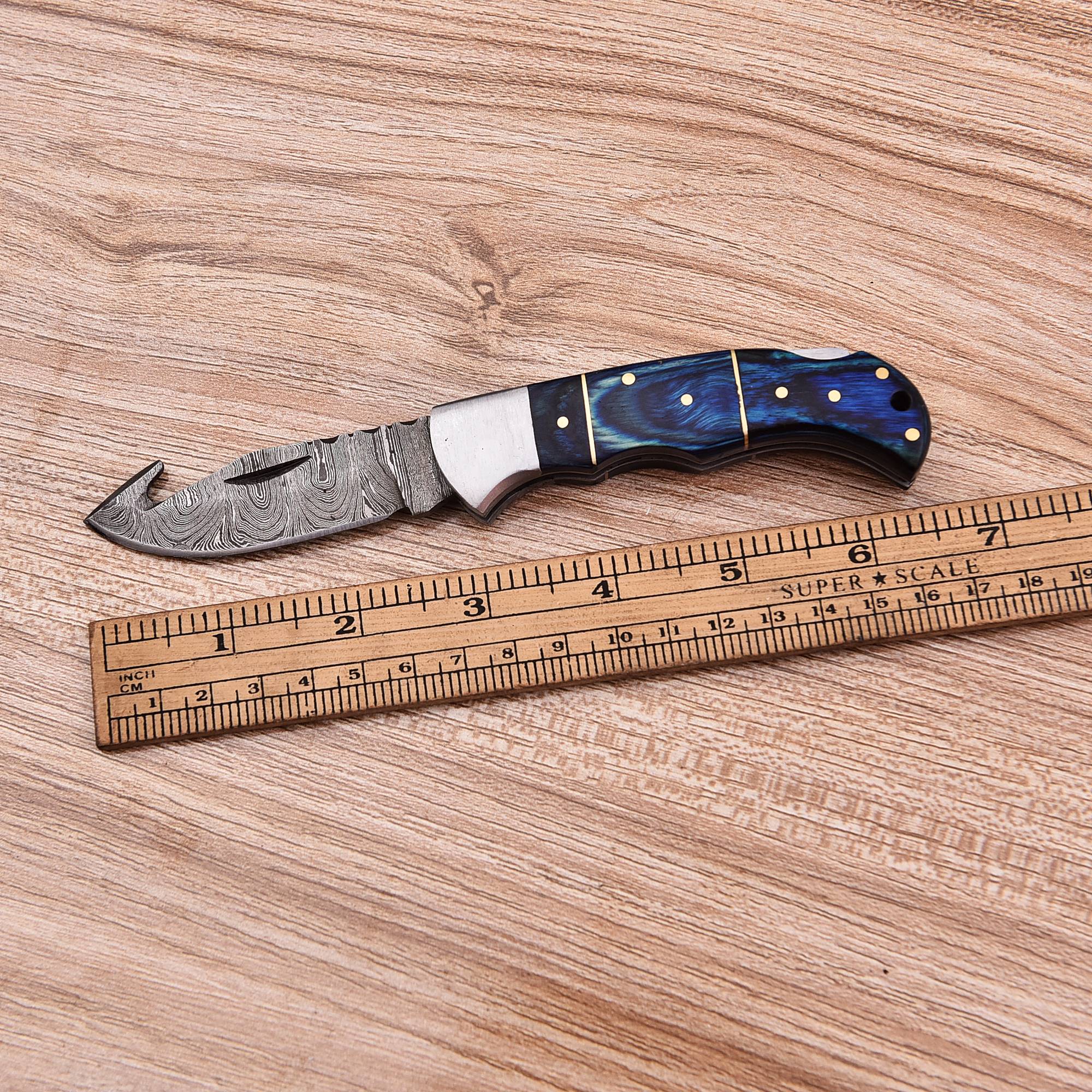 Handmade Damascus Steel Gut Hook Blade Back Lock Folding Knife Wood Handle - Image 6