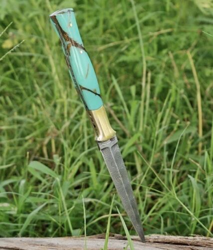 Handmade Damascus Steel Hunting Dagger Boot Knife Resin Brass Handle x-65 - Image 3