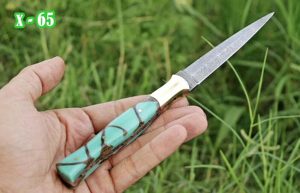 Handmade Damascus Steel Hunting Dagger Boot Knife Resin Brass Handle x-65 - Image 4