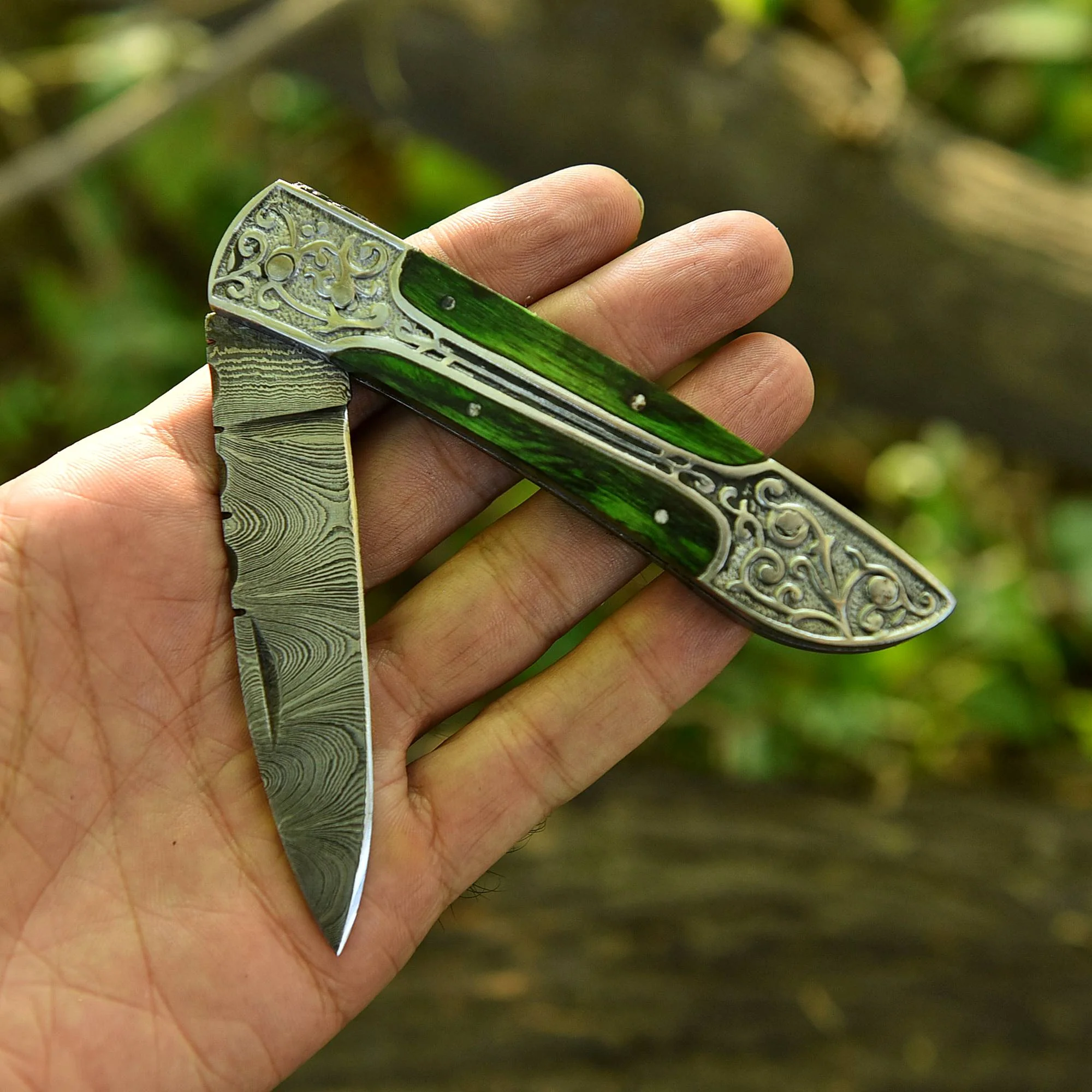 Handmade Damascus Steel Hunting Folding Blade Pocket Knife Wood Handle - Image 4