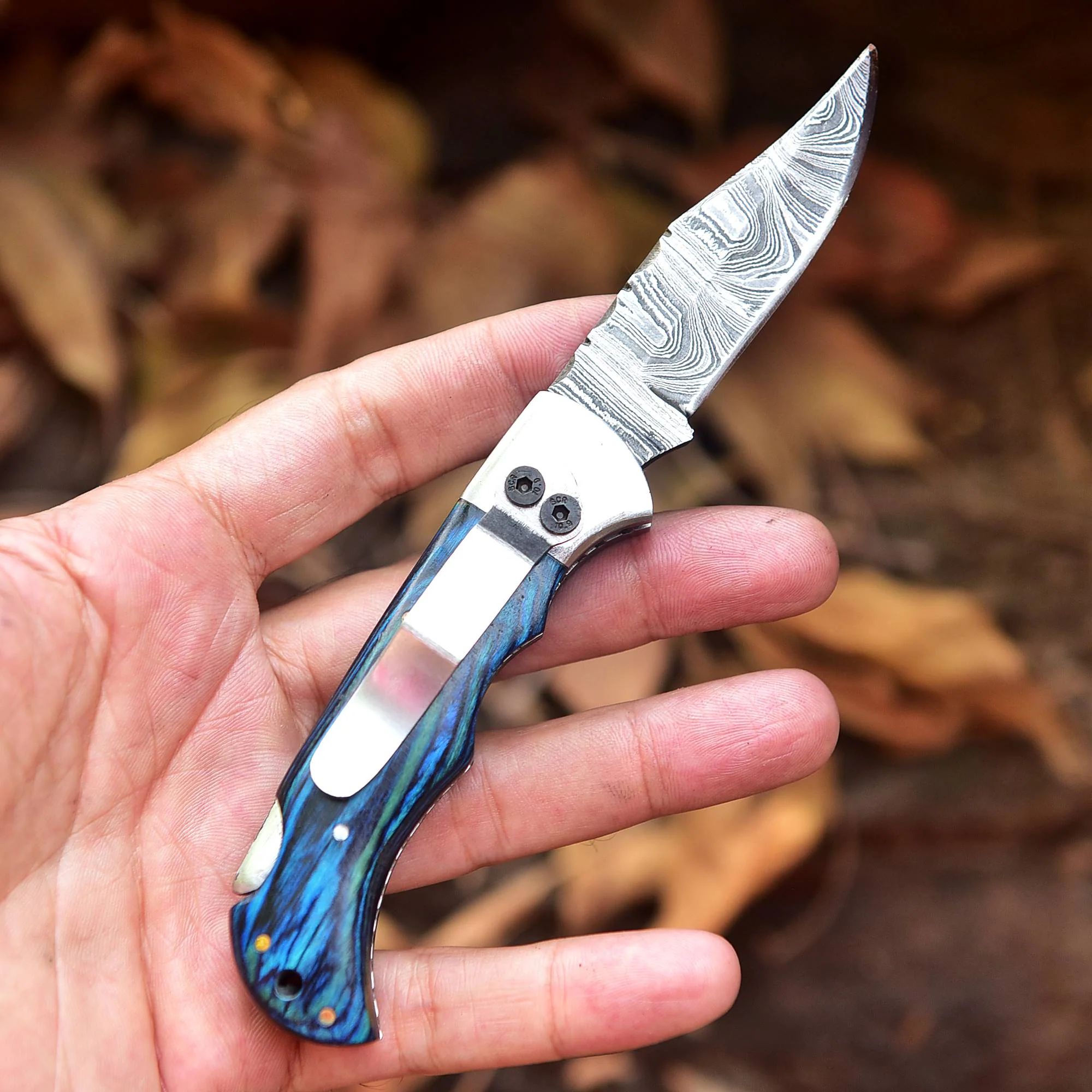Handmade Damascus Steel Hunting Folding Blade Pocket Knife Wood Handle - Image 4