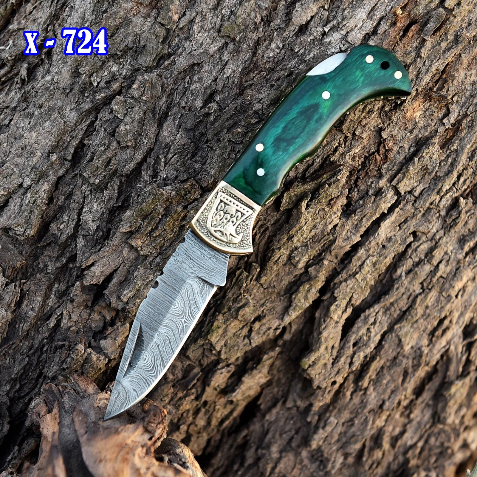 Handmade Damascus Steel Hunting Folding Knife Brass Bolster Wood Handle - Image 2