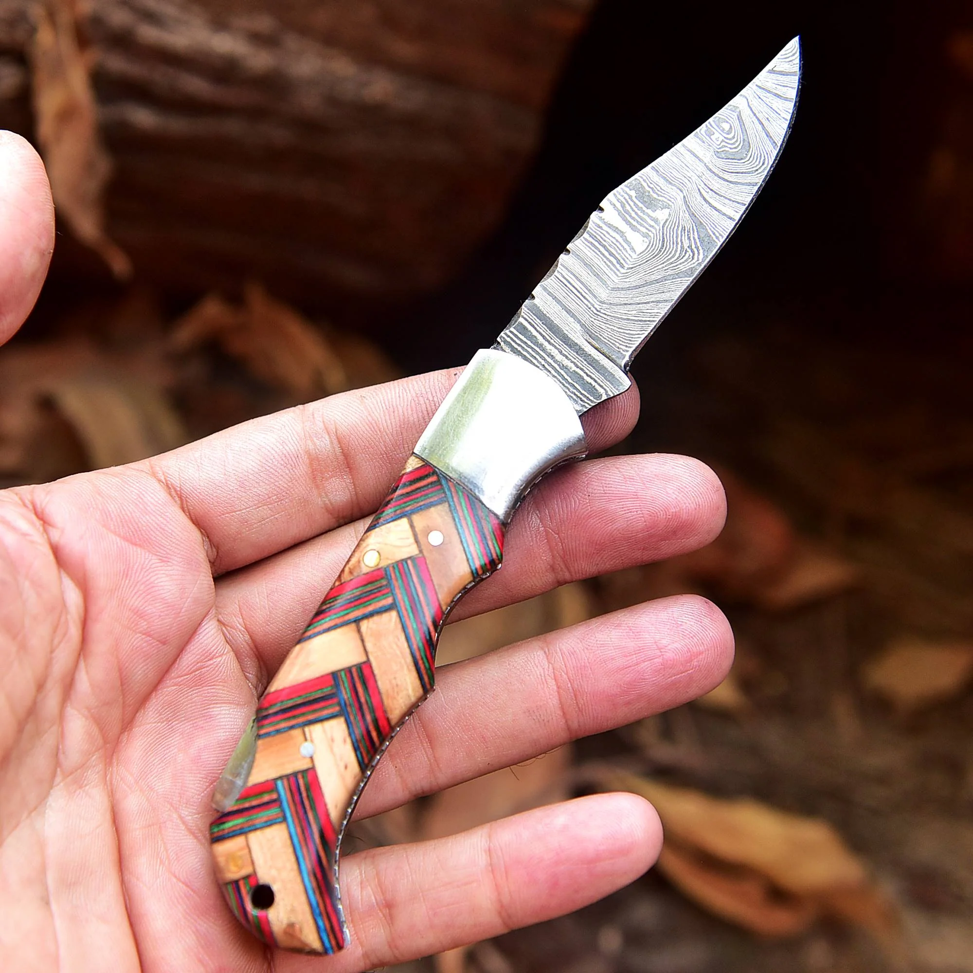 Handmade Damascus Steel Hunting Folding Pocket Knife With Sheath EDC - Image 4