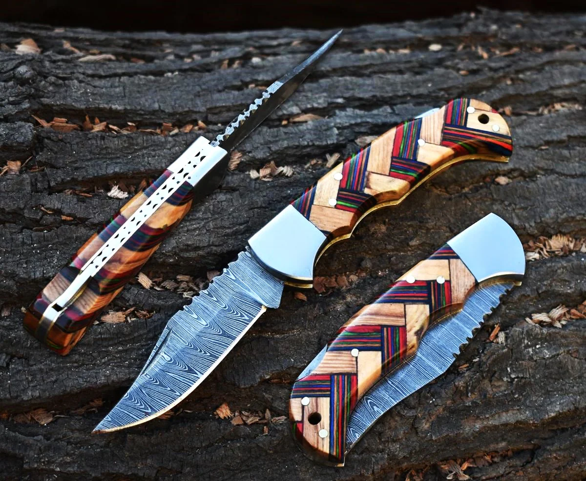 Handmade Damascus Steel Hunting Folding Pocket Knife With Sheath EDC - Image 7
