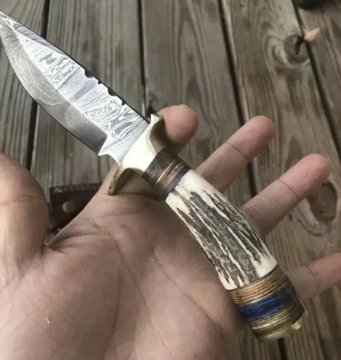 8" Handmade Damascus Steel Hunting Knife with Stag Antler Handle - Image 3