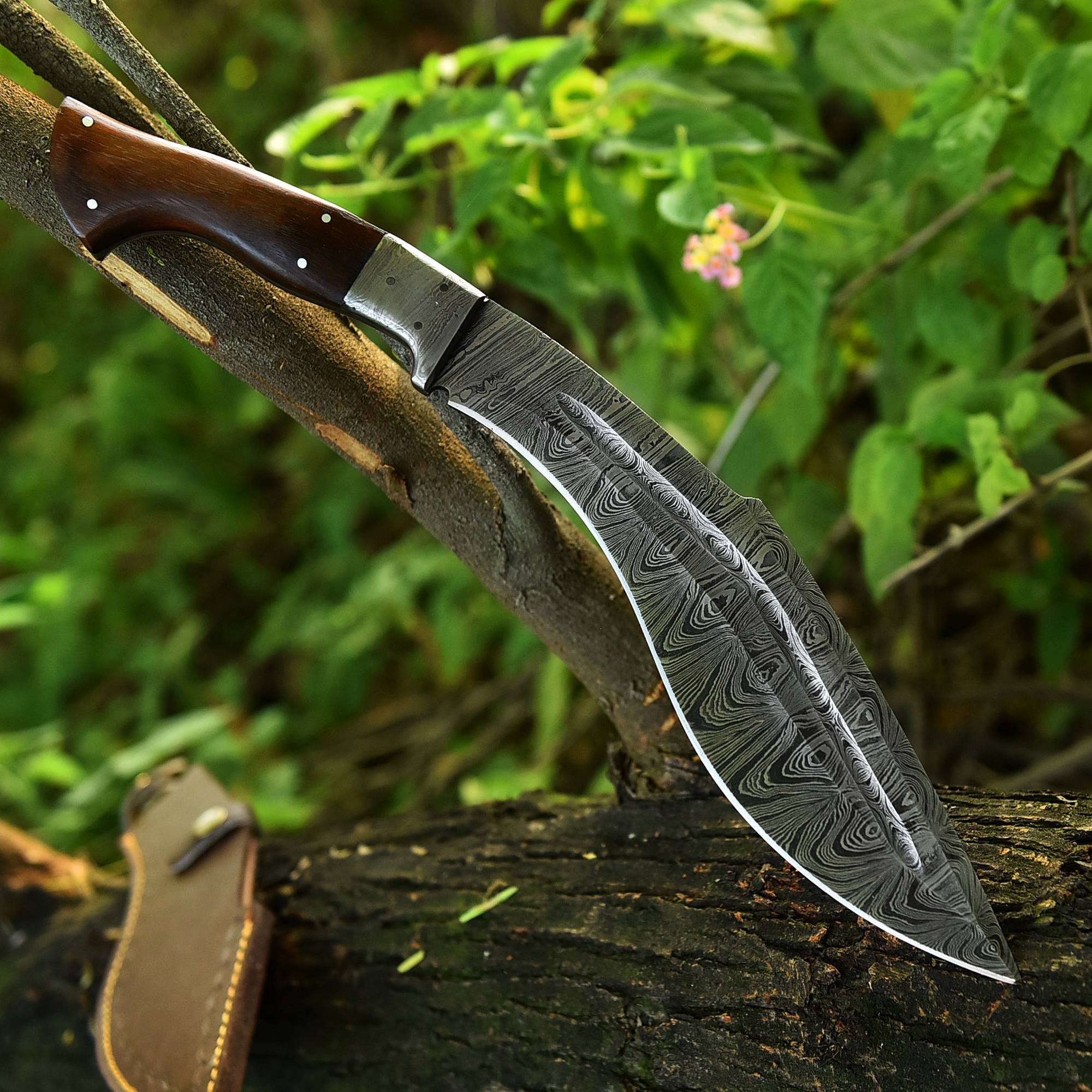 Handmade Damascus Steel Hunting Kukri Knife Damascus Bolster Wood Handle - Image 2