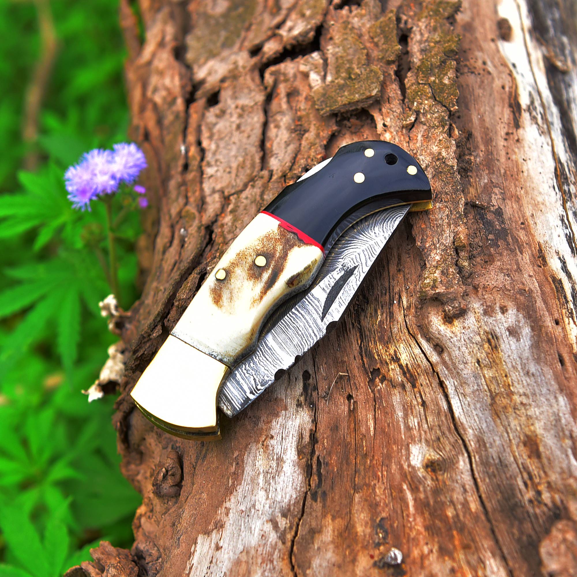 Handmade Damascus Steel Hunting Pocket Folding Knife with BackLock - Camping Folding Blade With Stag & Wood Handle - Image 5