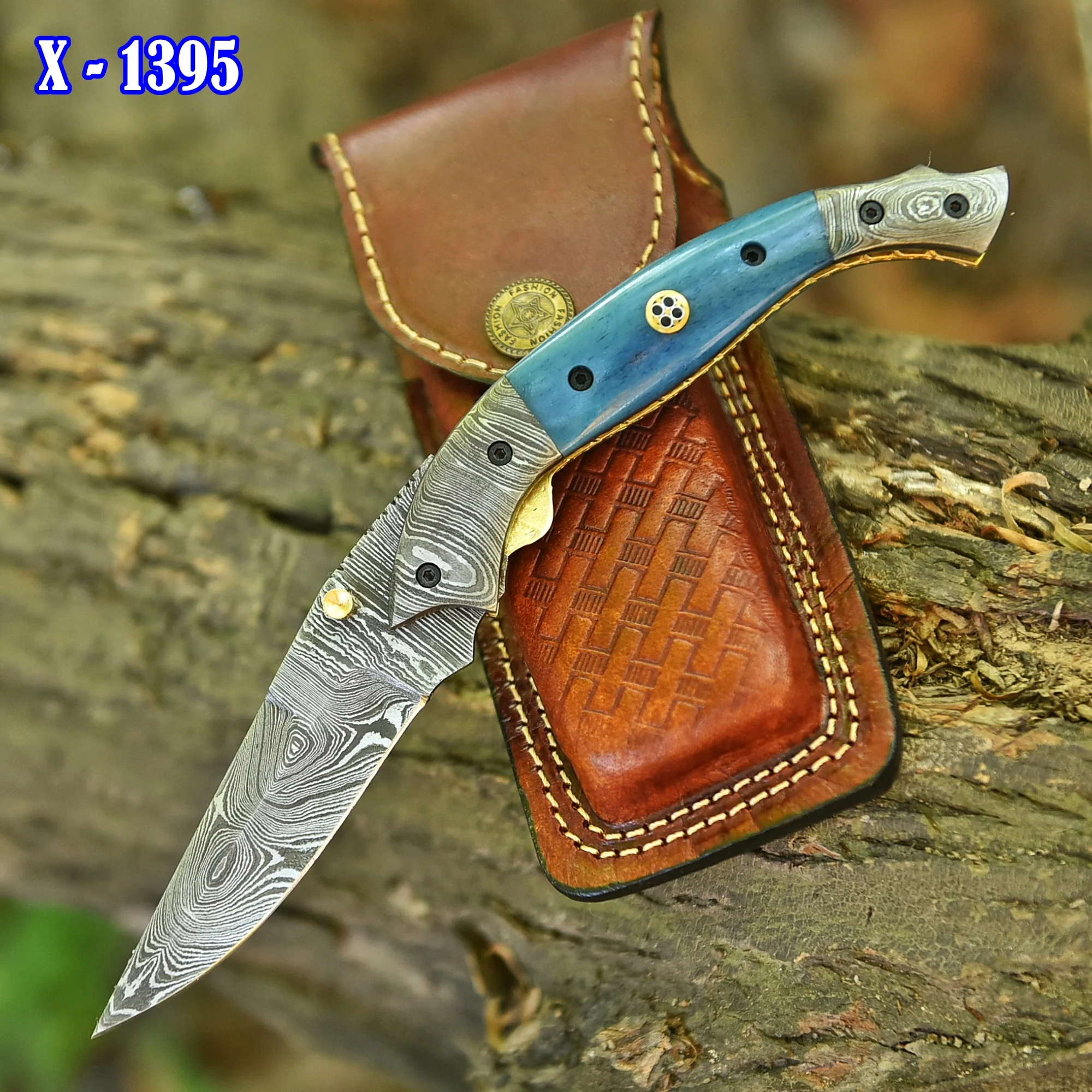Handmade Damascus Steel Hunting Pocket Knife Camping Folding Blade With Camel Bone Handle - Image 2