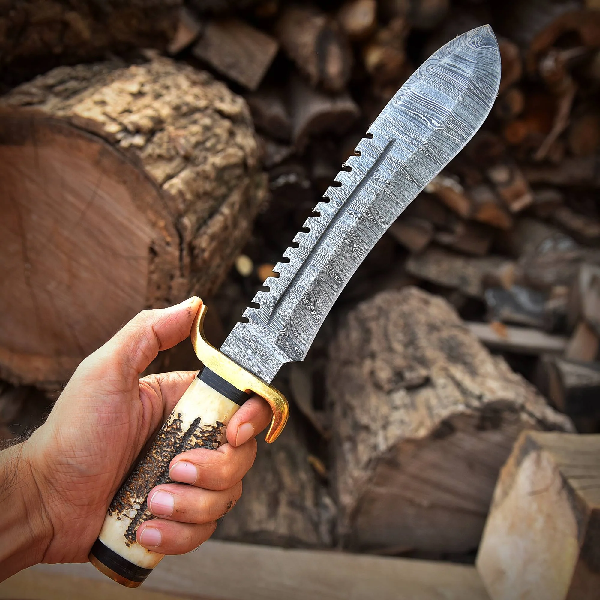 Handmade Damascus Steel Kukri Fix Blade Bowie Knife With Stag Antler Handle - Image 3