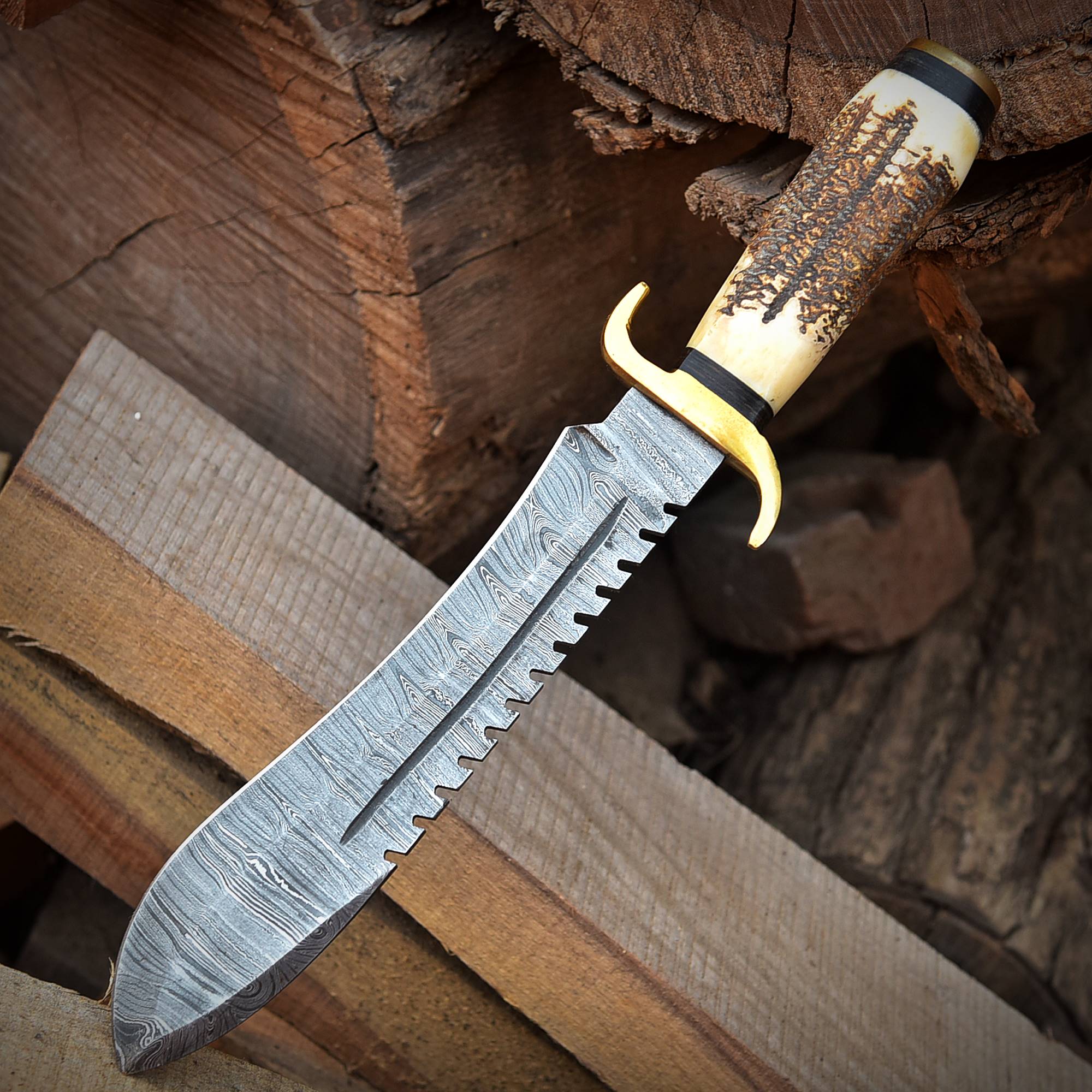 Handmade Damascus Steel Kukri Fix Blade Bowie Knife With Stag Antler Handle - Image 4