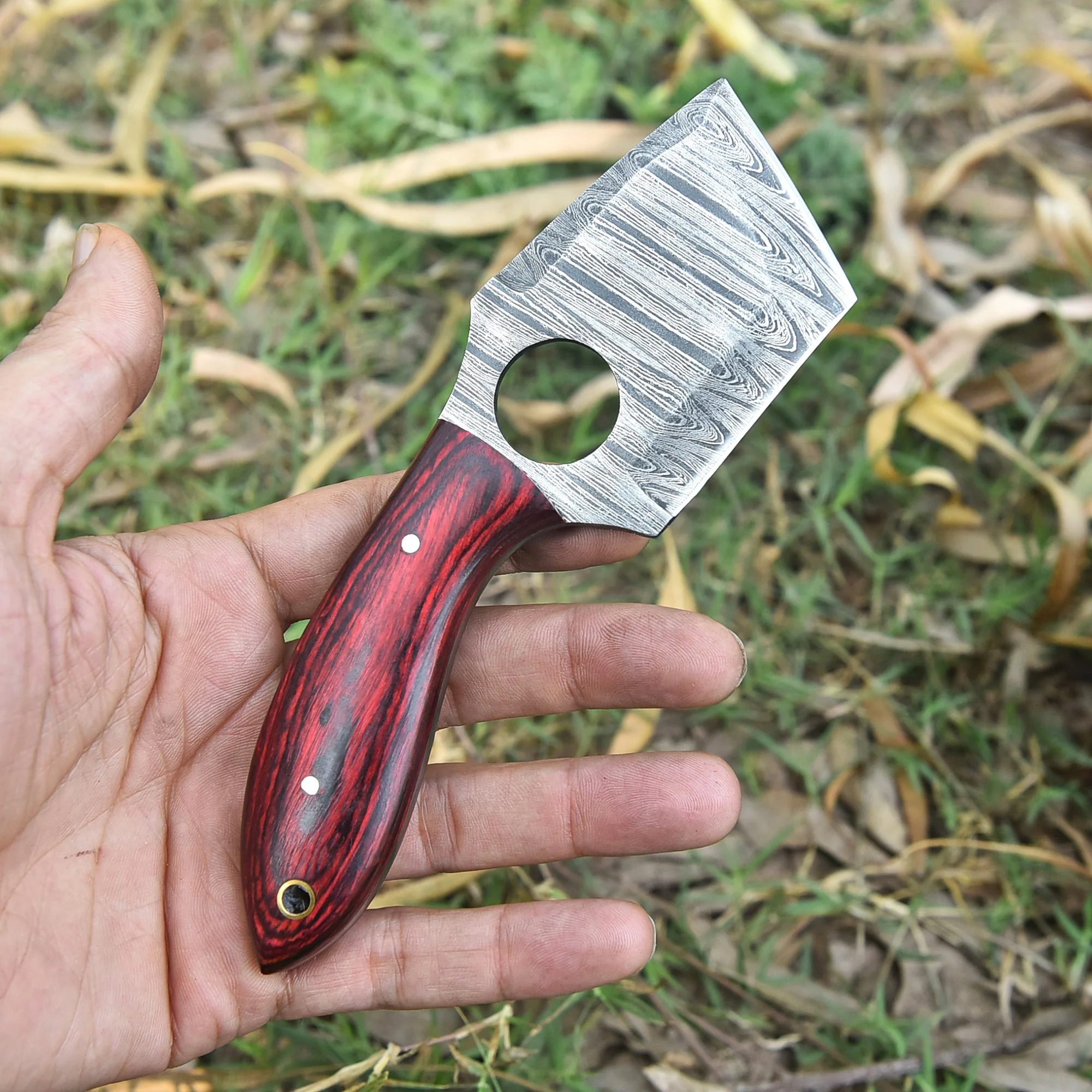 Handmade Damascus Steel Mini Cleaver Fixed Blade Knife EDC Utility Tool - Image 3