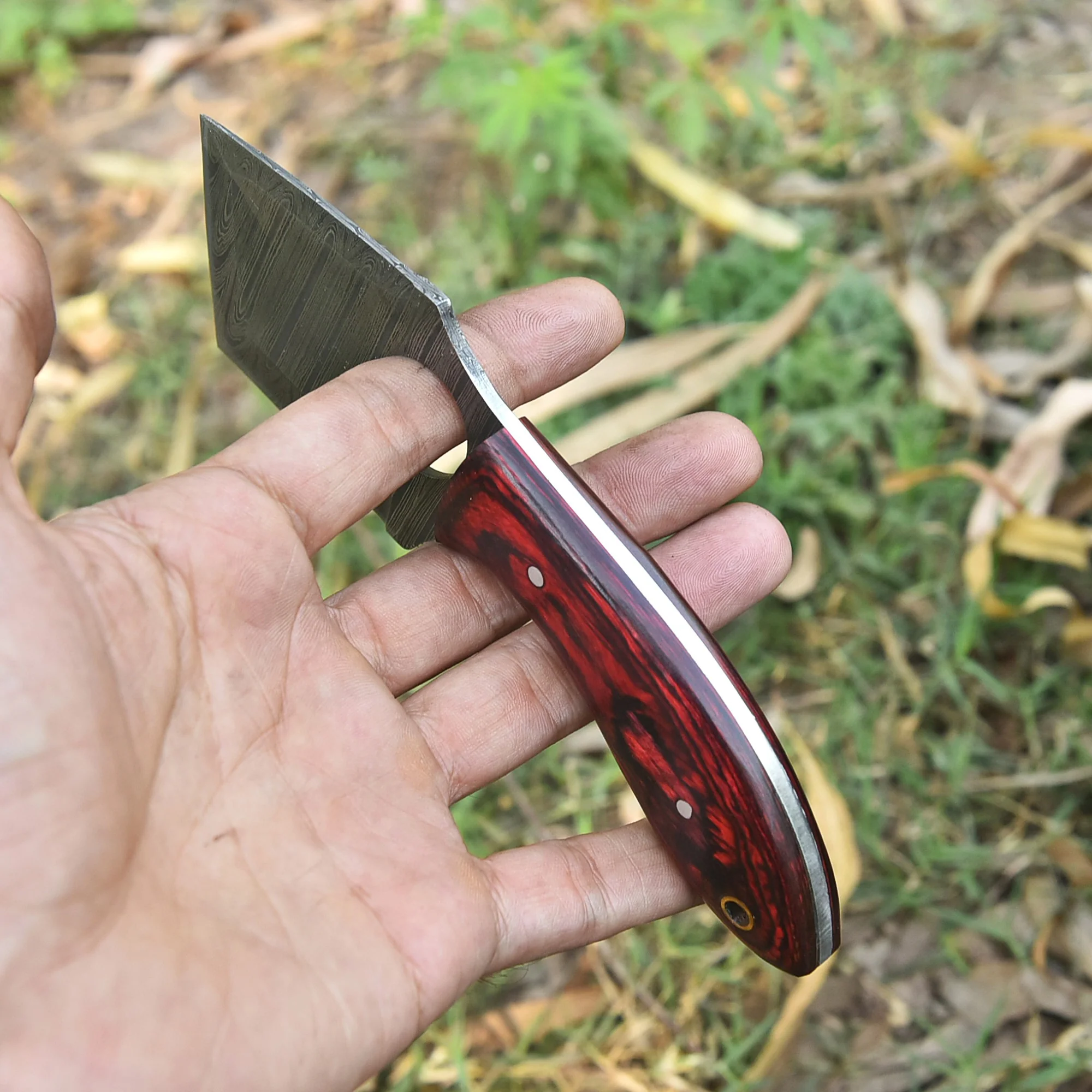 Handmade Damascus Steel Mini Cleaver Fixed Blade Knife EDC Utility Tool - Image 4