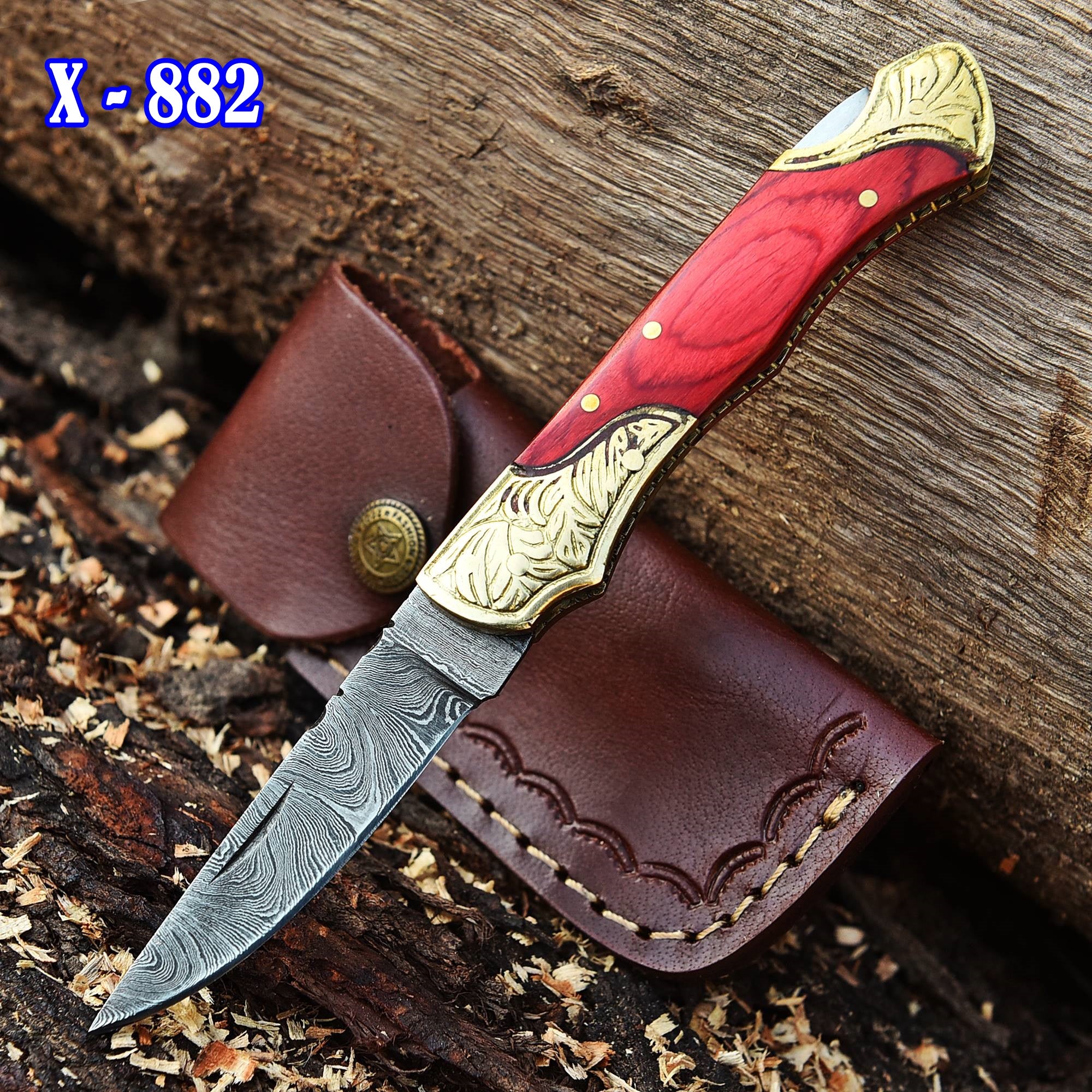 Handmade Damascus Steel Outdoor Hunting EDC Folding Pocket Knife - Image 2