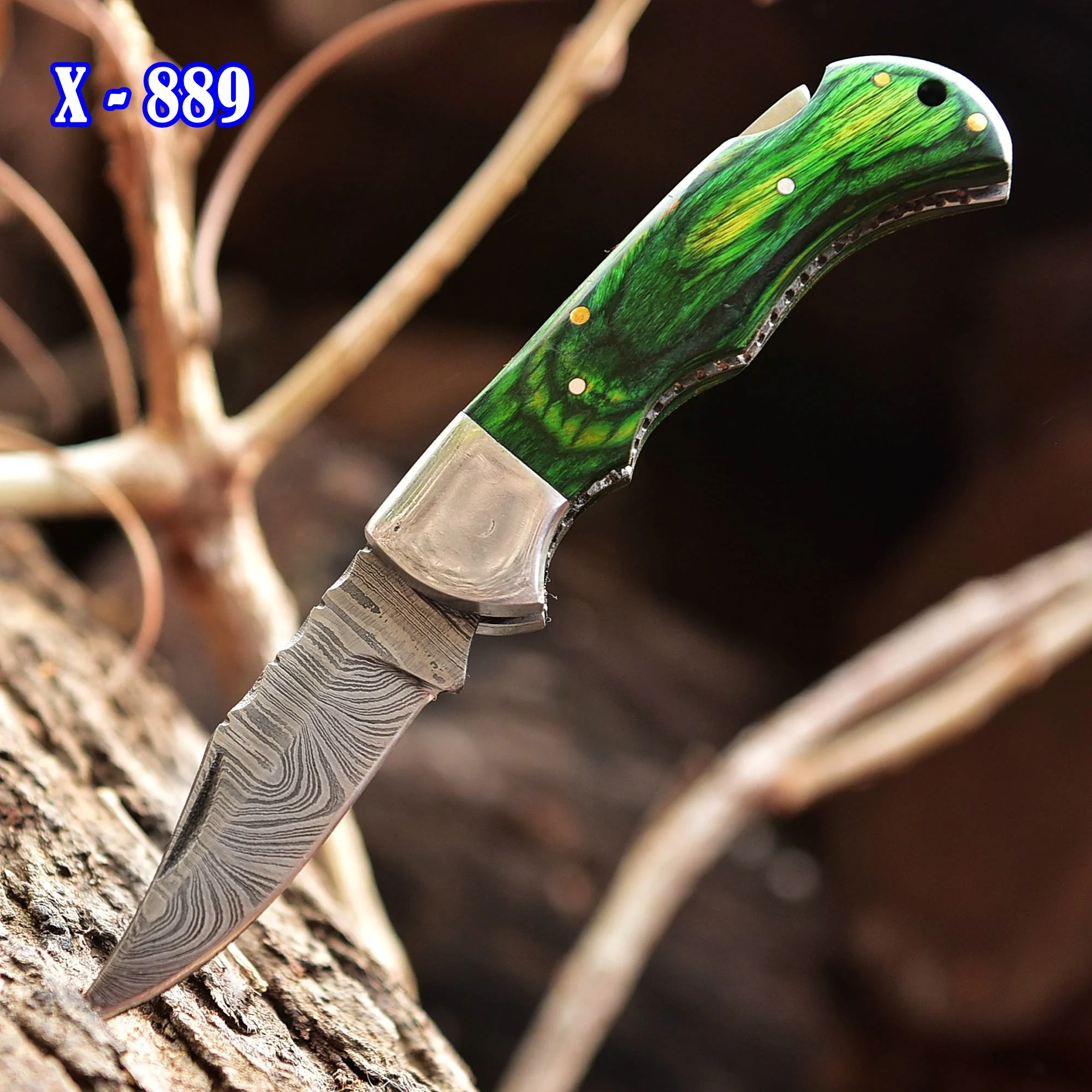 Handmade Damascus Steel Outdoor Hunting Folding Pocket Knife Wood Handle - Image 2