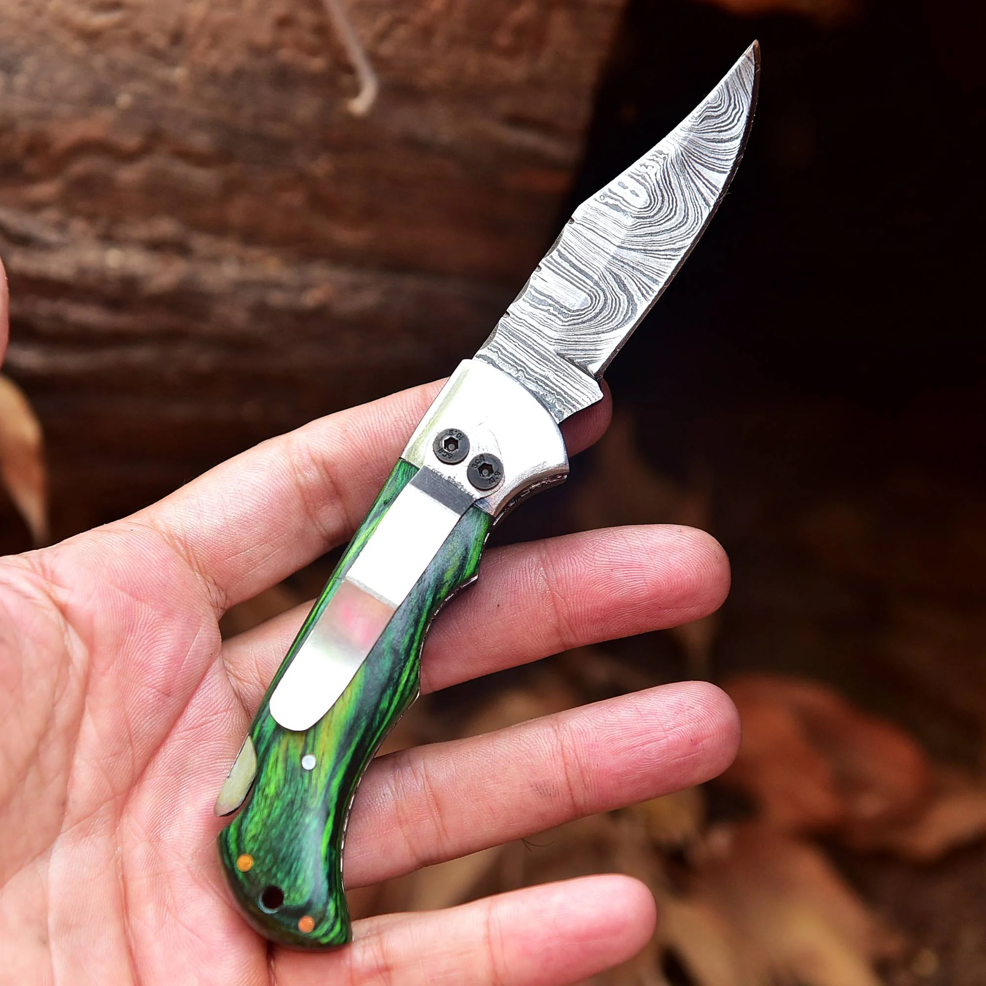 Handmade Damascus Steel Outdoor Hunting Folding Pocket Knife Wood Handle - Image 4