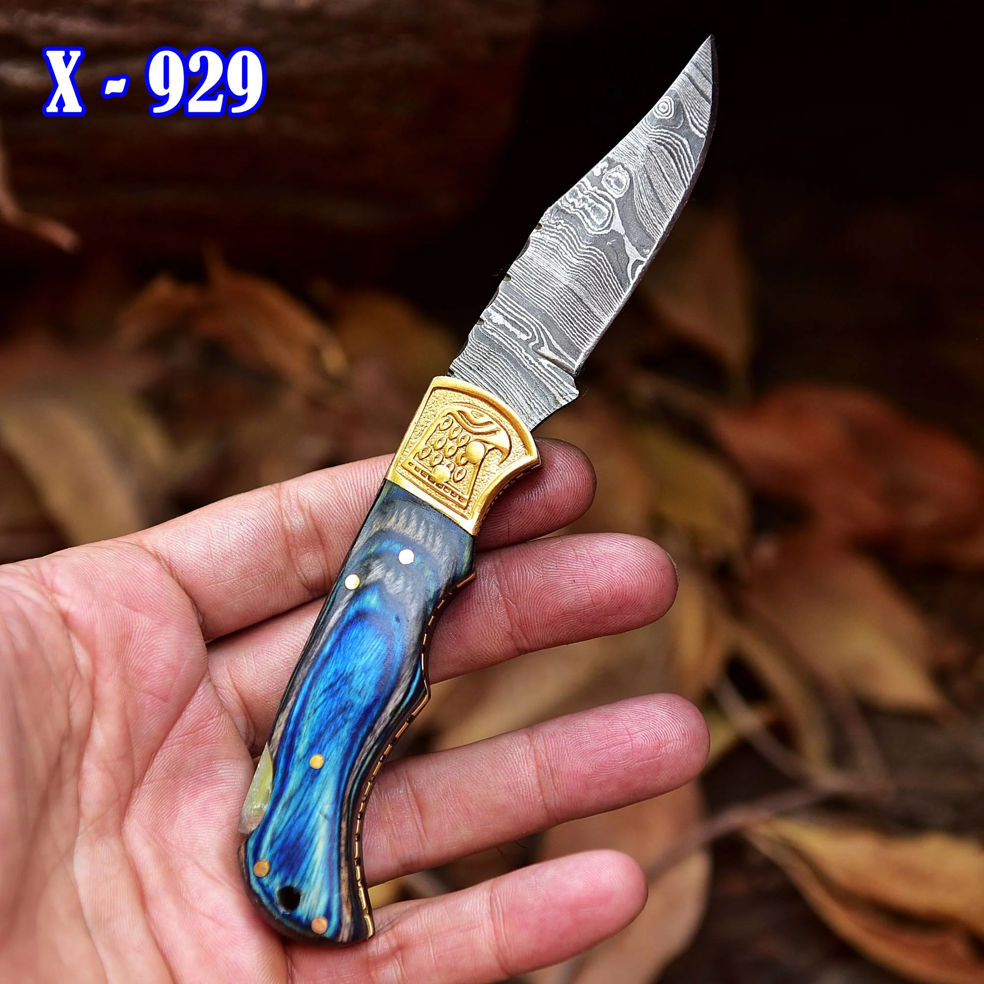 Handmade Damascus Steel Pocket Folding Blade Hunting Knife With Sheath - Image 3