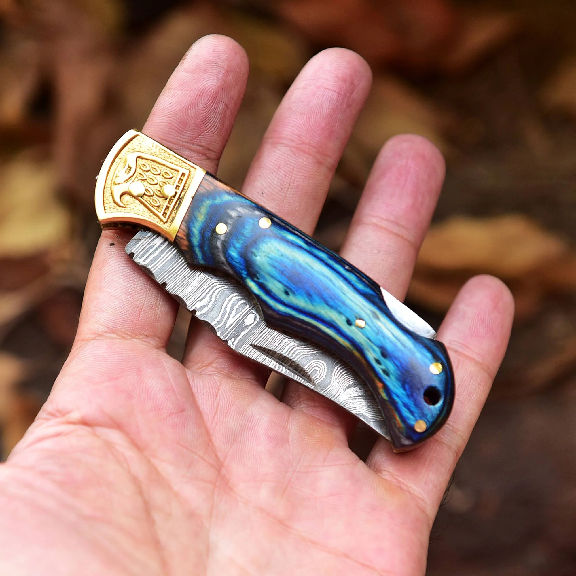 Handmade Damascus Steel Pocket Folding Blade Hunting Knife With Sheath - Image 5