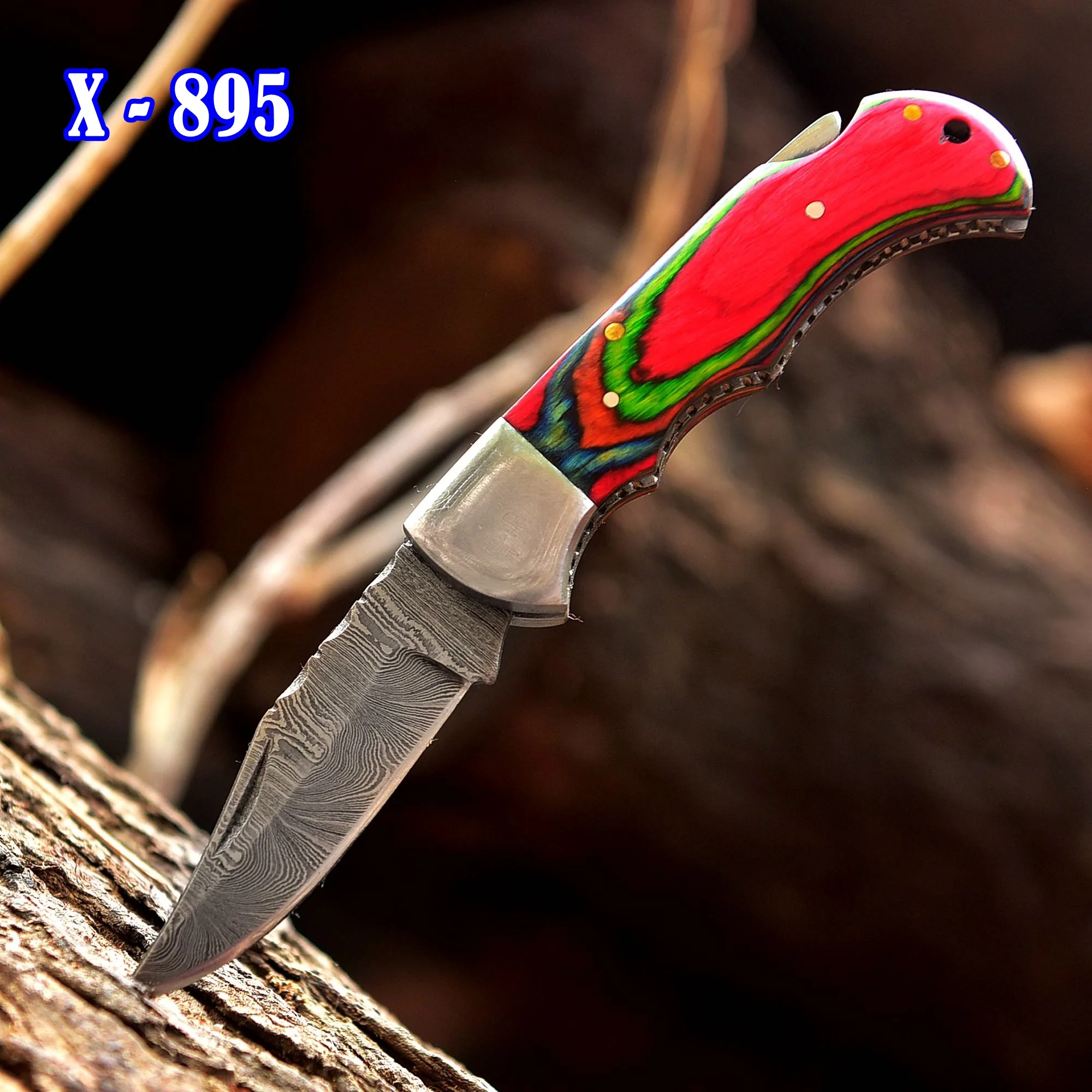 Handmade Damascus Steel Pocket Folding Blade Knife - Cilp Holder Wood Handle - Image 2